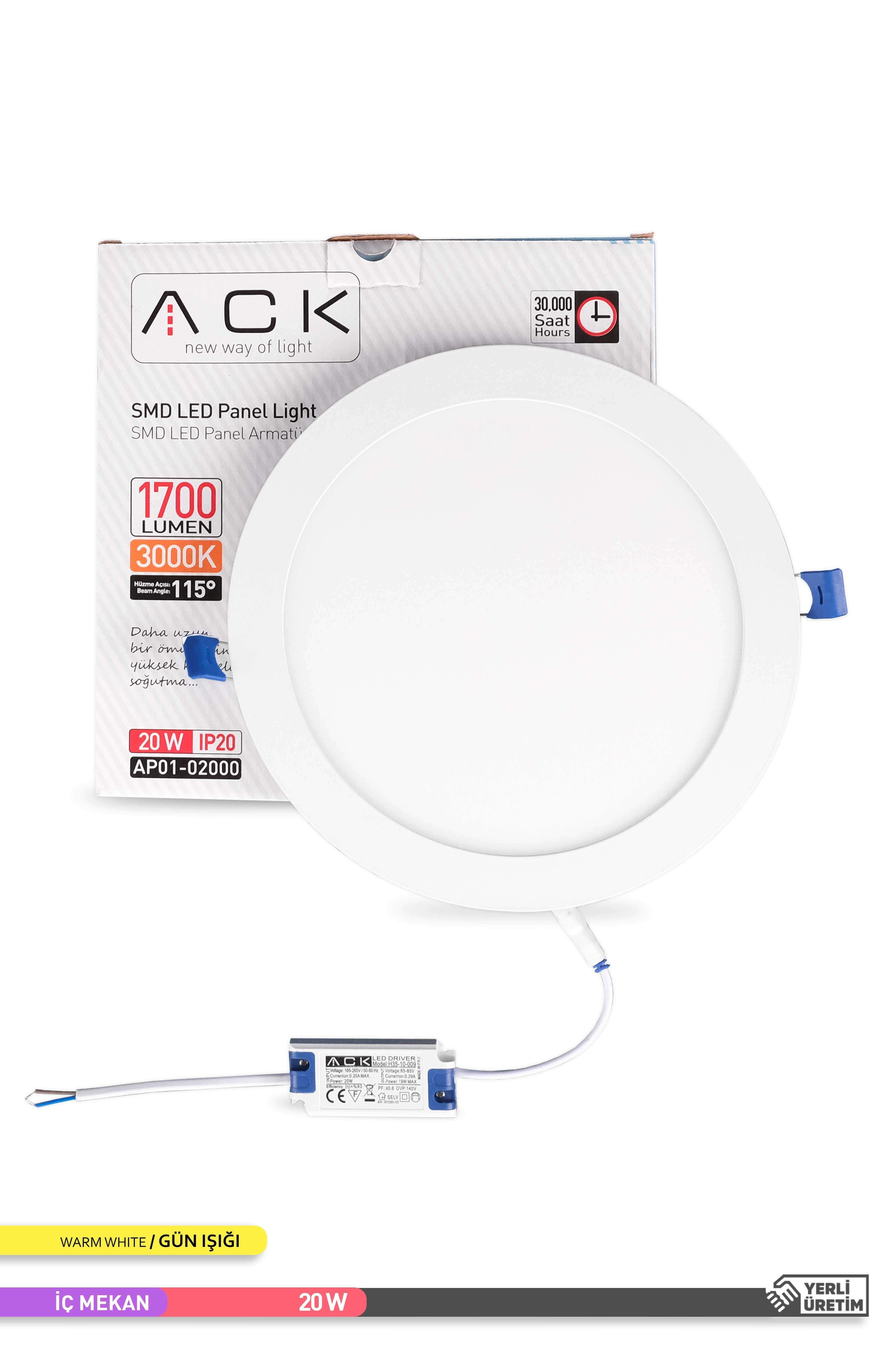 ACK Sıva Altı Yuvarlak LED Panel Armatür Beyaz Gövde 3000K Gün Işığı 20W AP01-02000