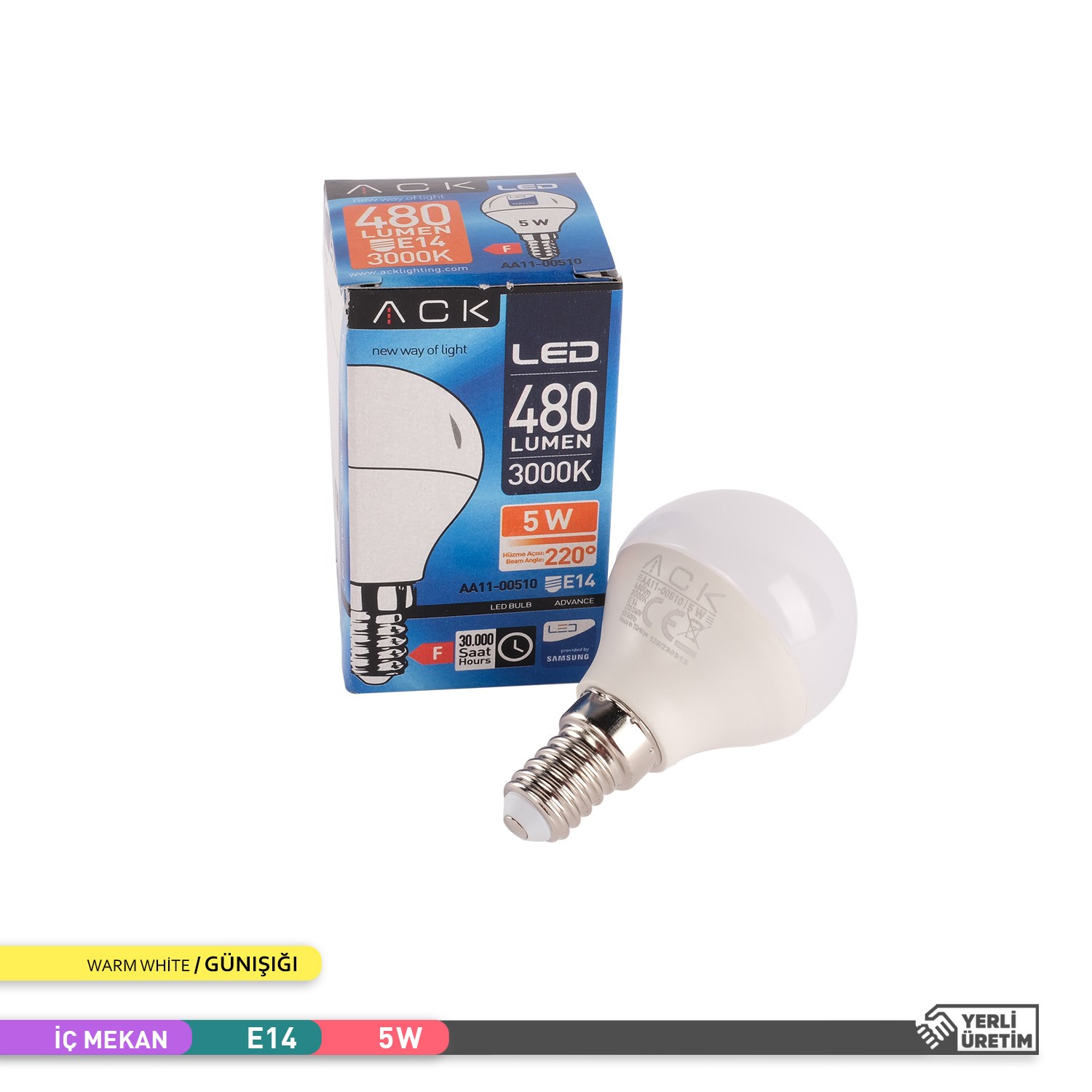 ACK LED Top Ampul 3000K Gün Işığı 220V 5W E14 AA11-00510