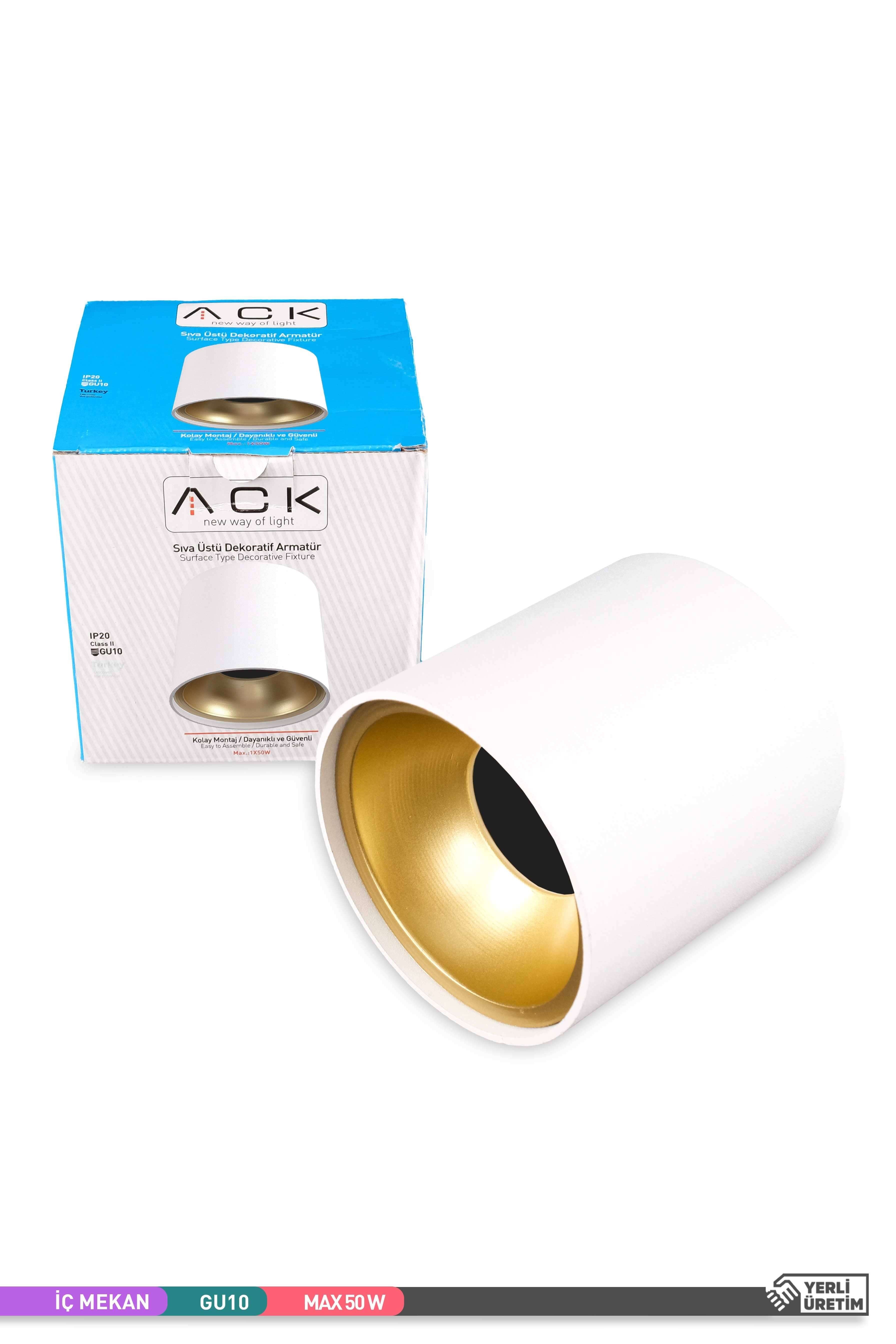 ACK Sıva Üstü Dekoratif Armatür Beyaz Kasa Gold Reflektör 100mm-100mm GU10 AH12-02560