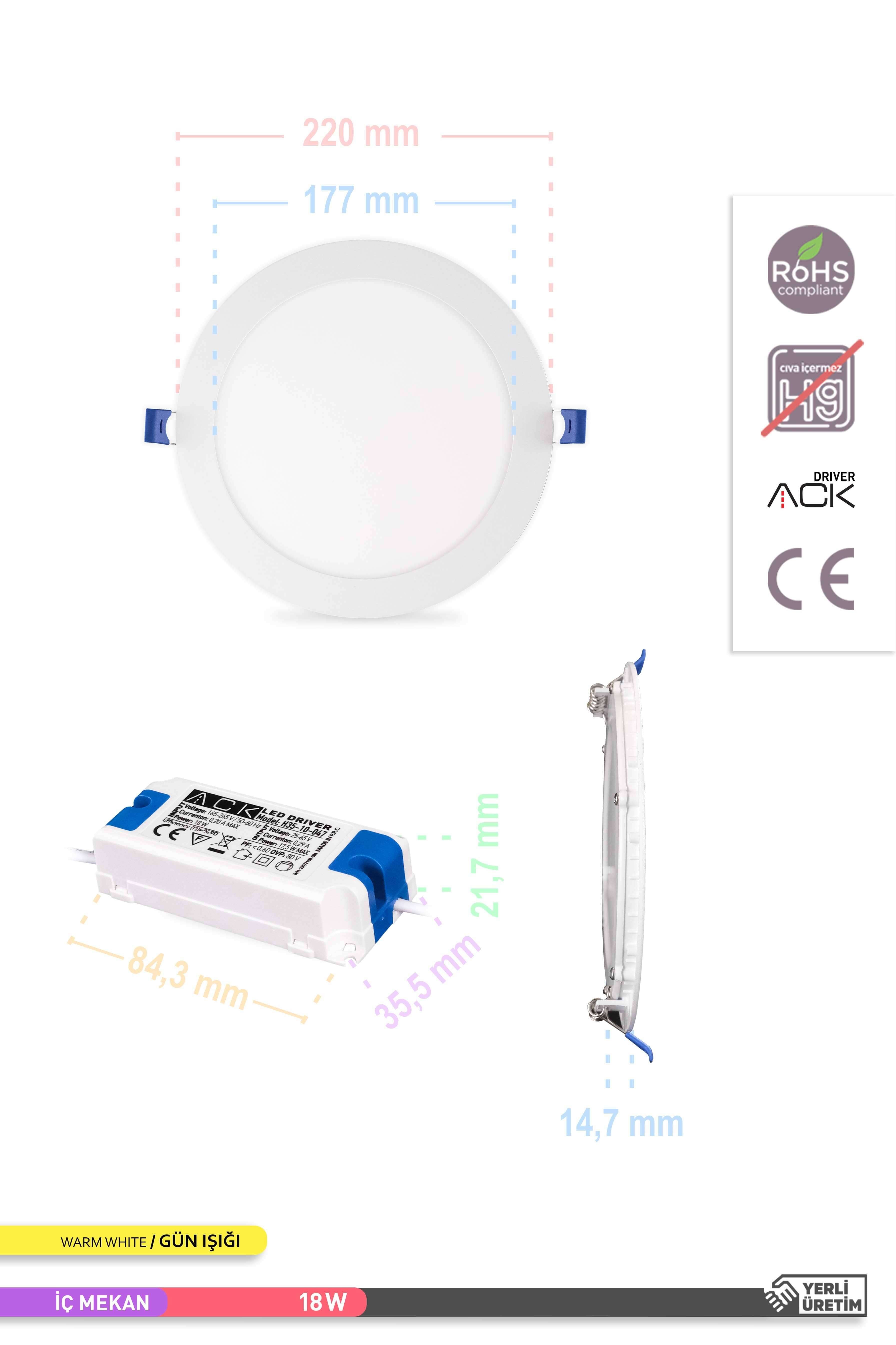 ACK Sıva Altı Yuvarlak LED Panel Armatür Beyaz Gövde 3000K Gün Işığı 18W AP01-01800