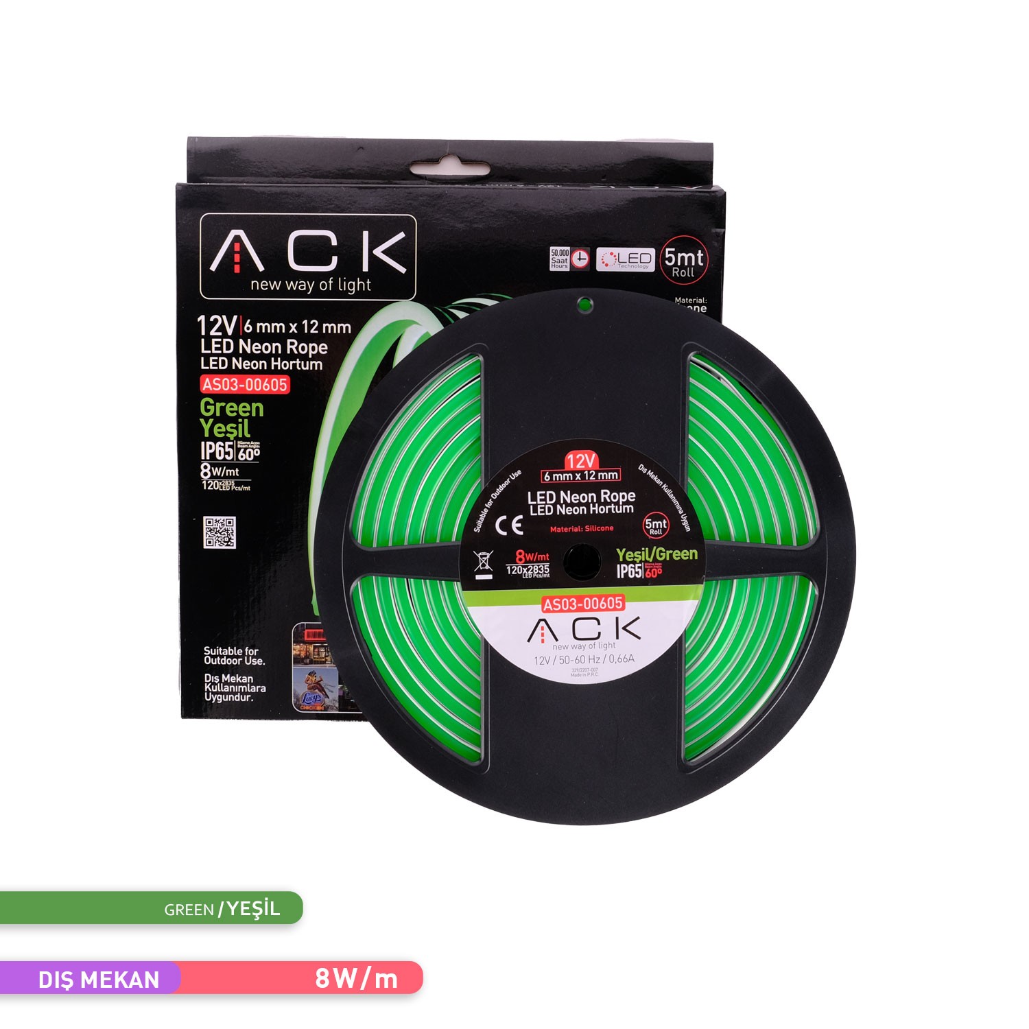 ACK LED Neon Hortum Yeşil Renk 5 Metre 12V 10W/mt AS03-00605