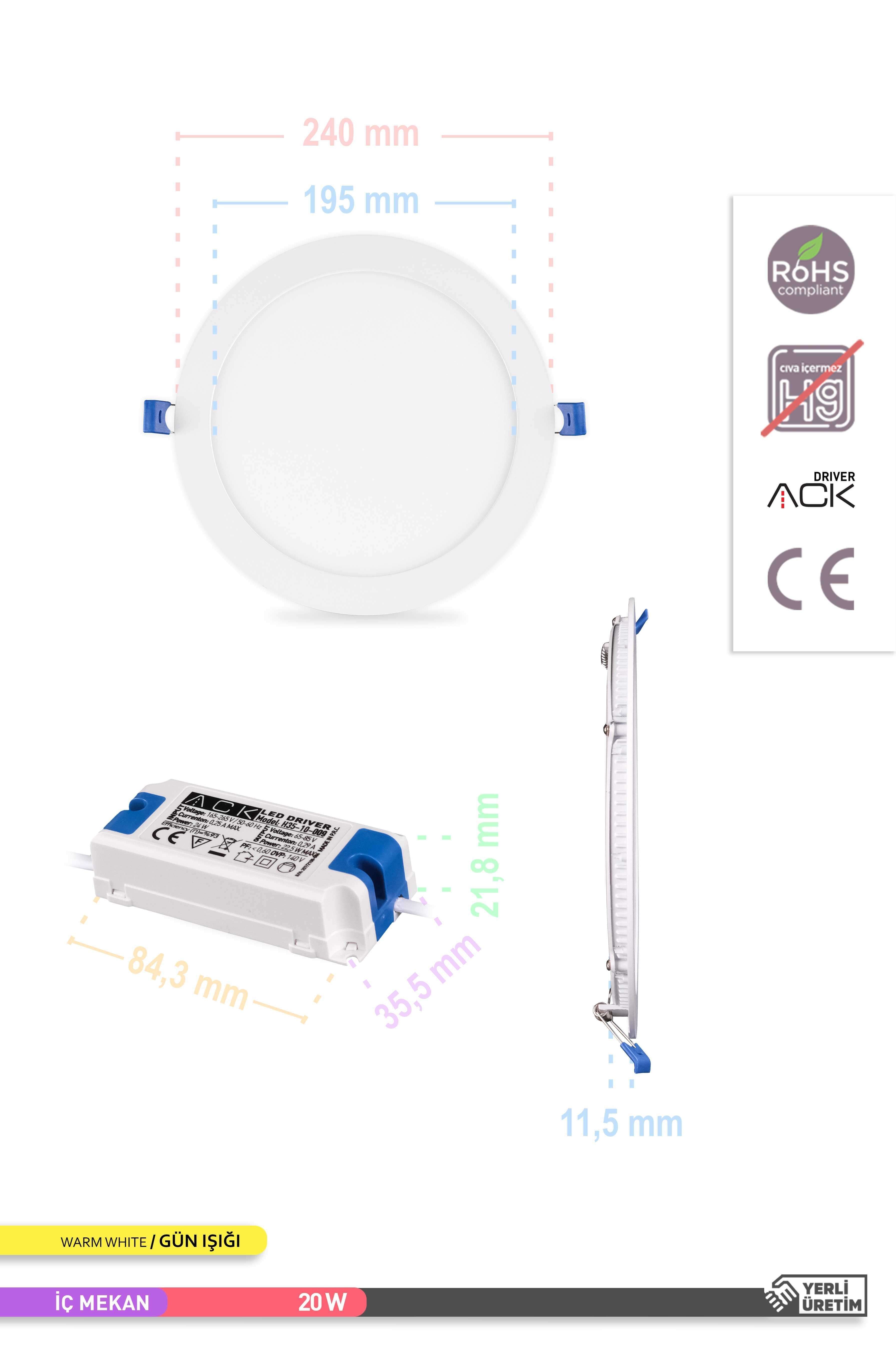 ACK Sıva Altı Yuvarlak LED Panel Armatür Beyaz Gövde 3000K Gün Işığı 20W AP01-02000