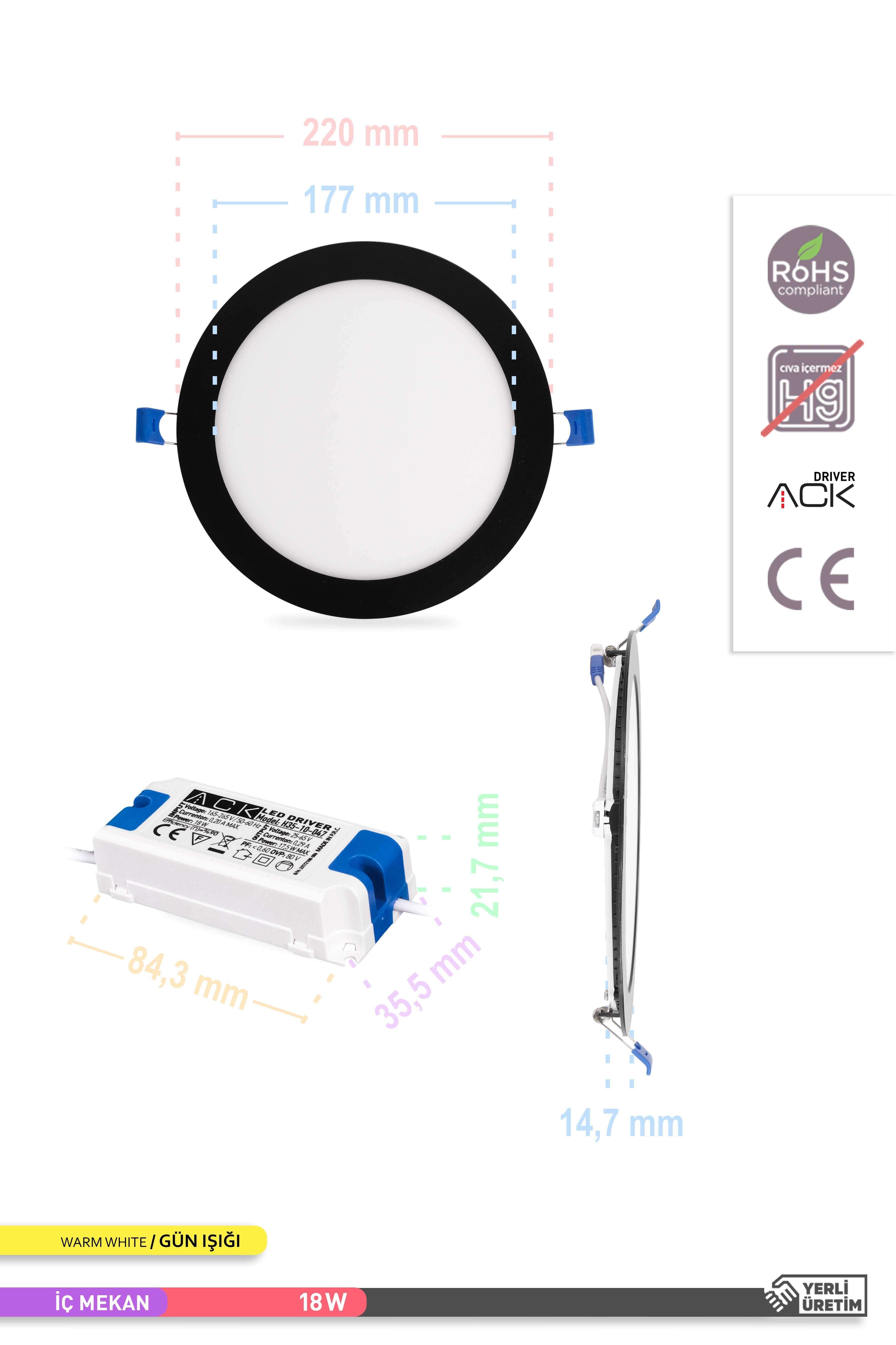 ACK 18W Sıva Altı Yuvarlak LED Panel Armatür Siyah Gövde 3000K Gün Işığı AP01-01801