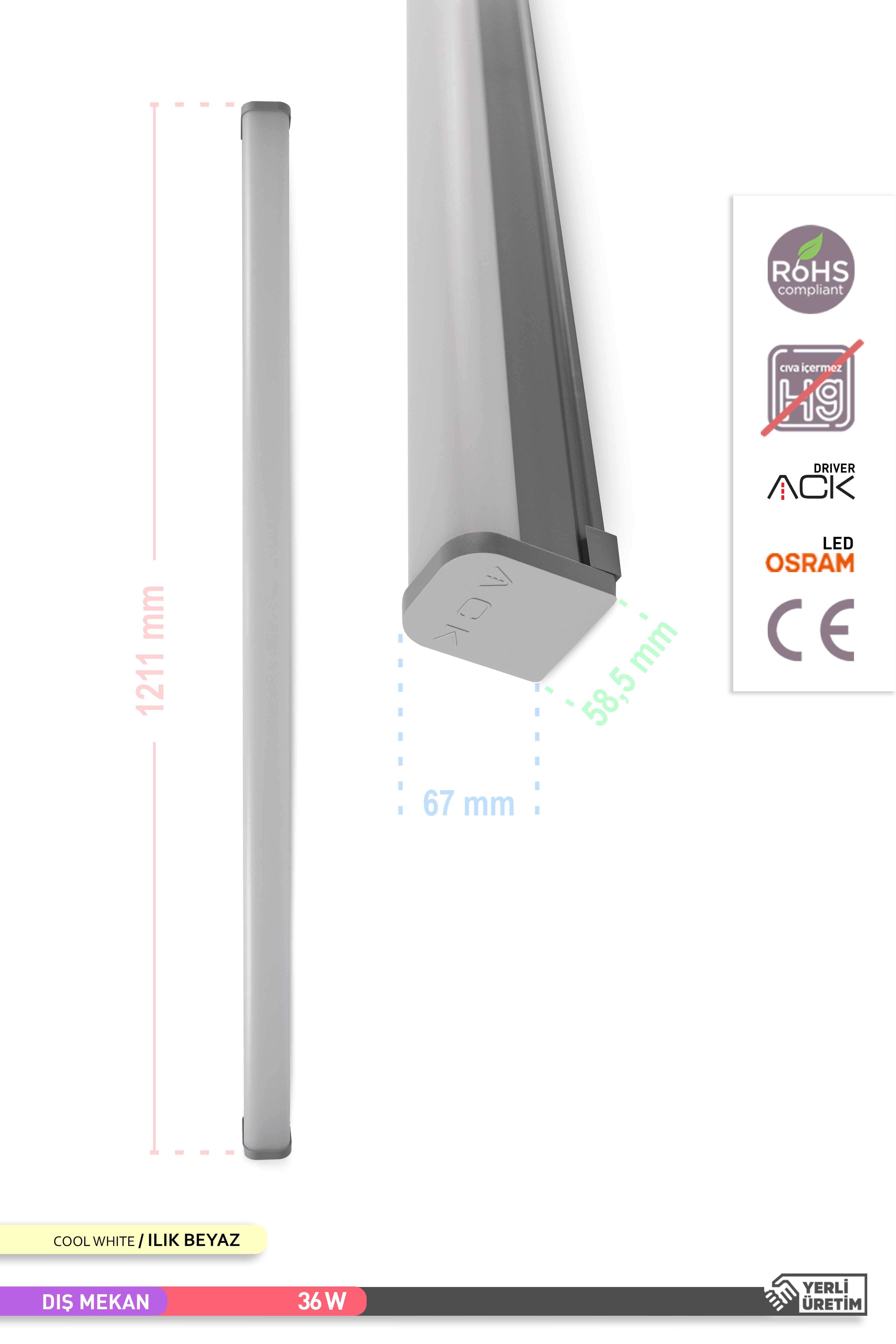 ACK LED Bant Etanj Armatür 4000K Ilık Beyaz 36W 121cm AT03-01210