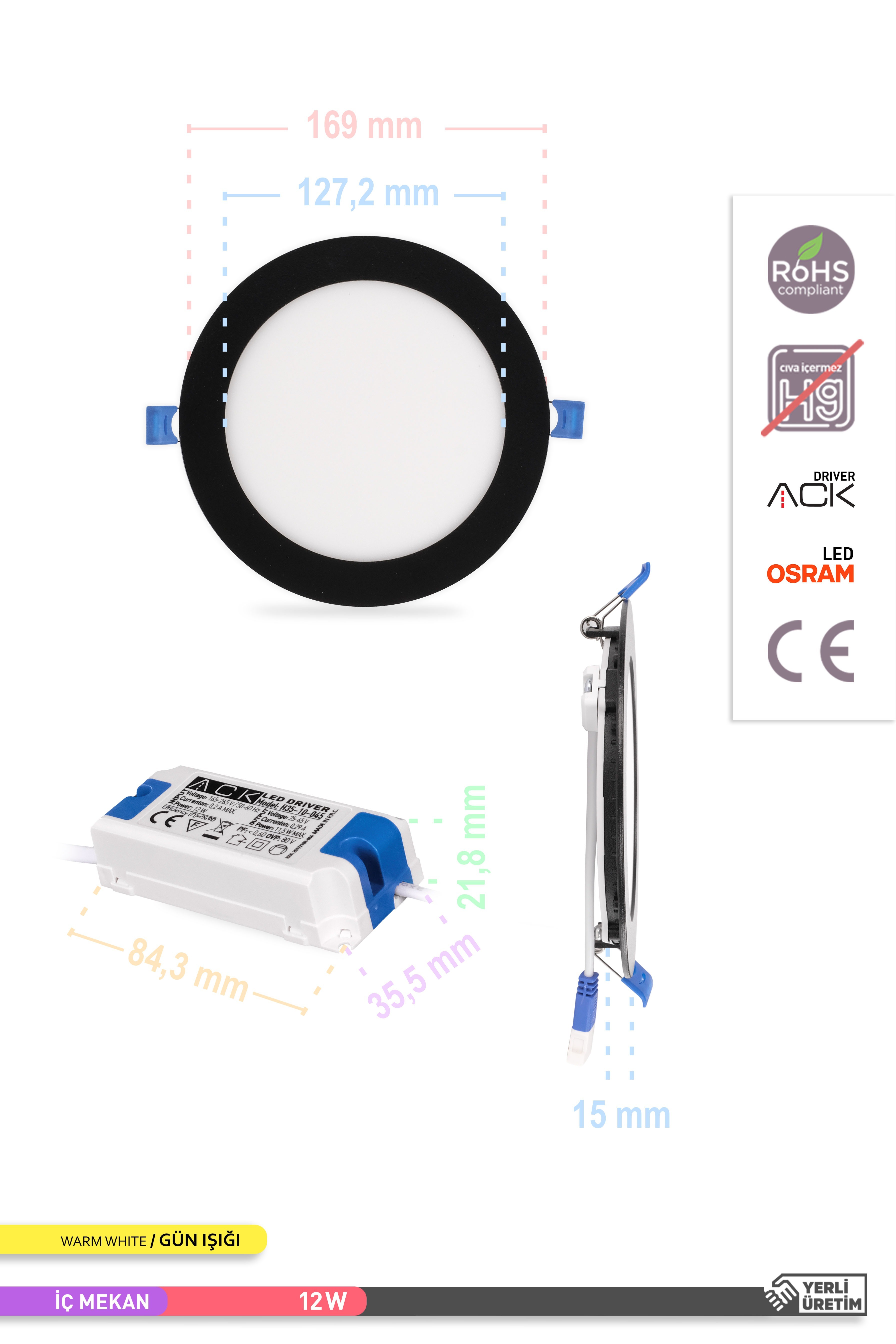 ACK 12W Sıva Altı Yuvarlak LED Panel Armatür Siyah Gövde 3000K Gün Işığı AP01-01201