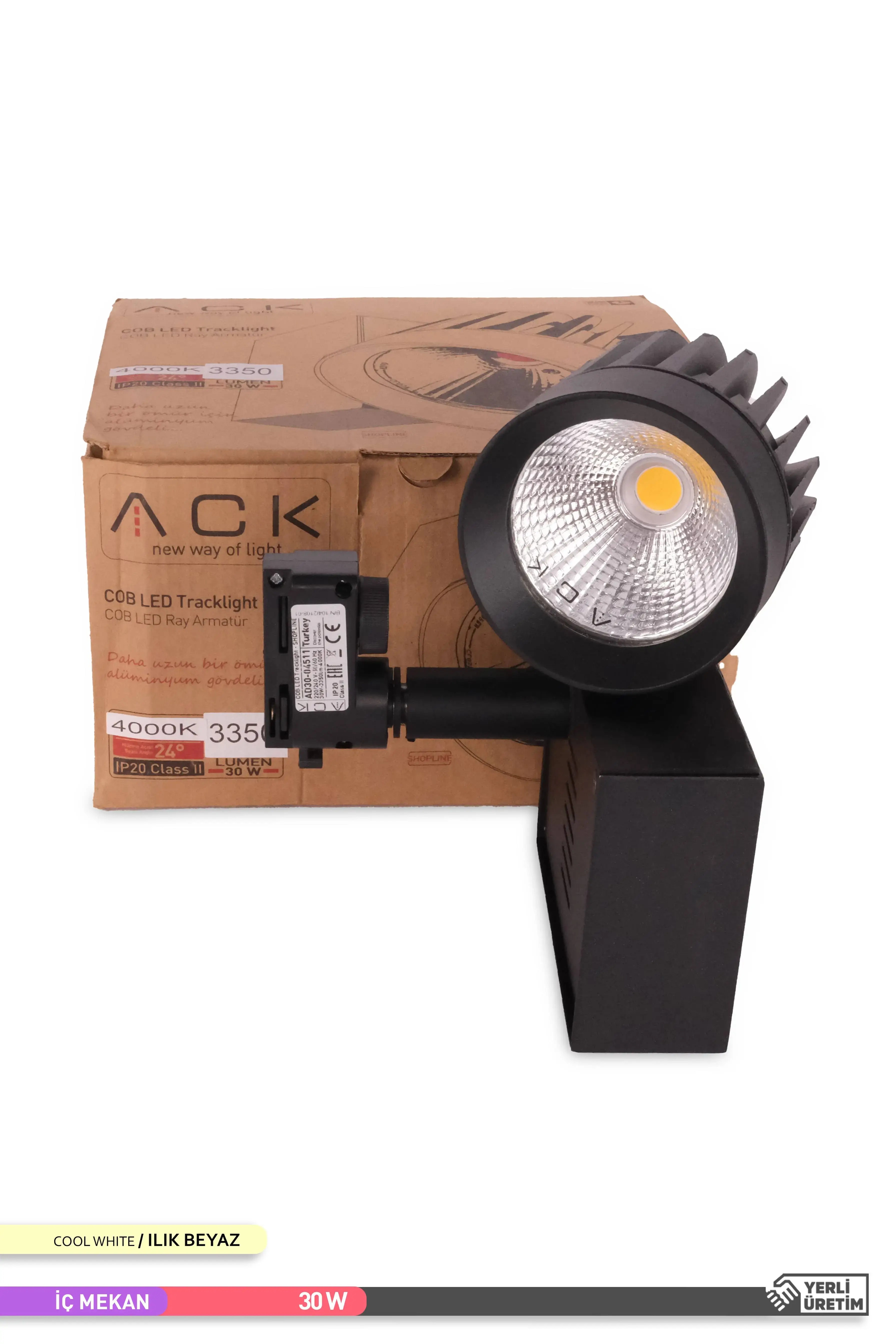 ACK COB LED Monofaze Ray Armatürü Siyah Kasa 4000K Ilık Beyaz 30W