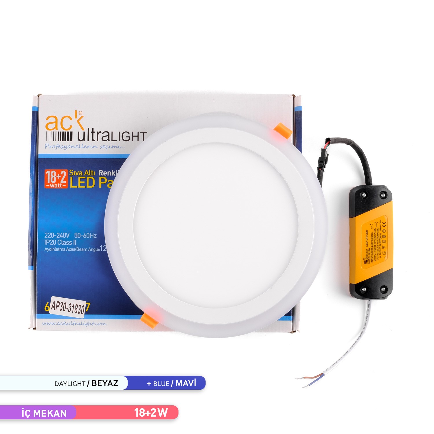 18+2W 6500K Beyaz ve Mavi Renk Sıva Altı Yuvarlak Led Spot Panel Beyaz Kasa AP30-31830