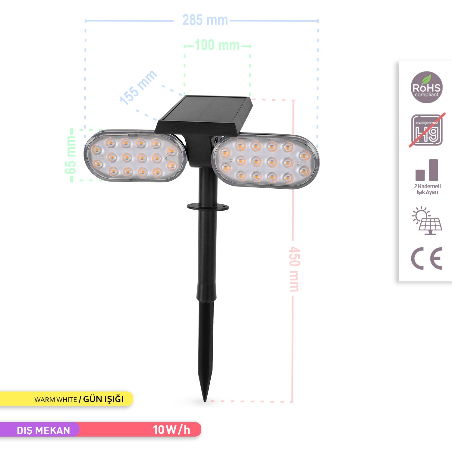 Ack Solar LED Kazıklı Çim Armatürü Güneş Enerjili Bahçe Duvar Aydınlatması 3000K Günışığı AG60-02801