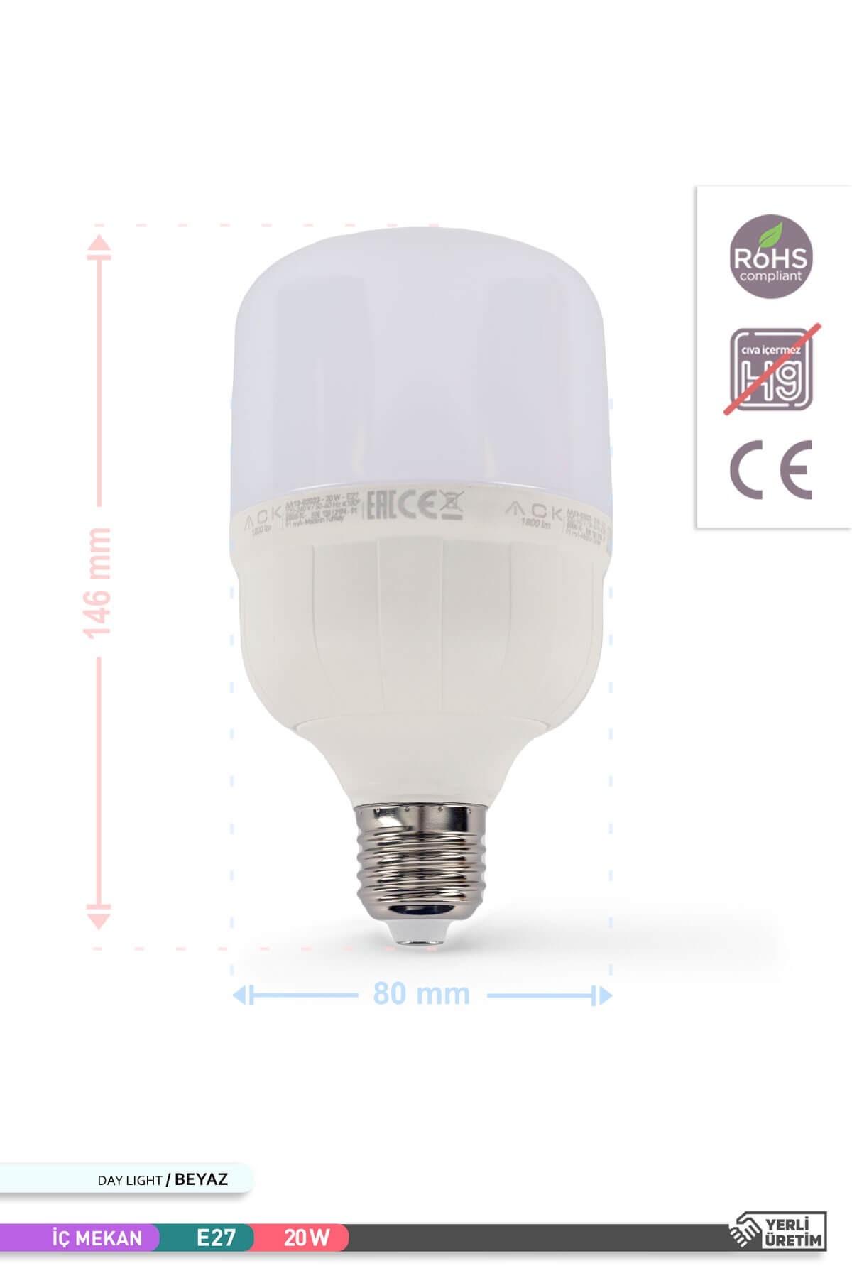 ACK LED T80 Ampul 6500K Beyaz Işık 220V 20W E27