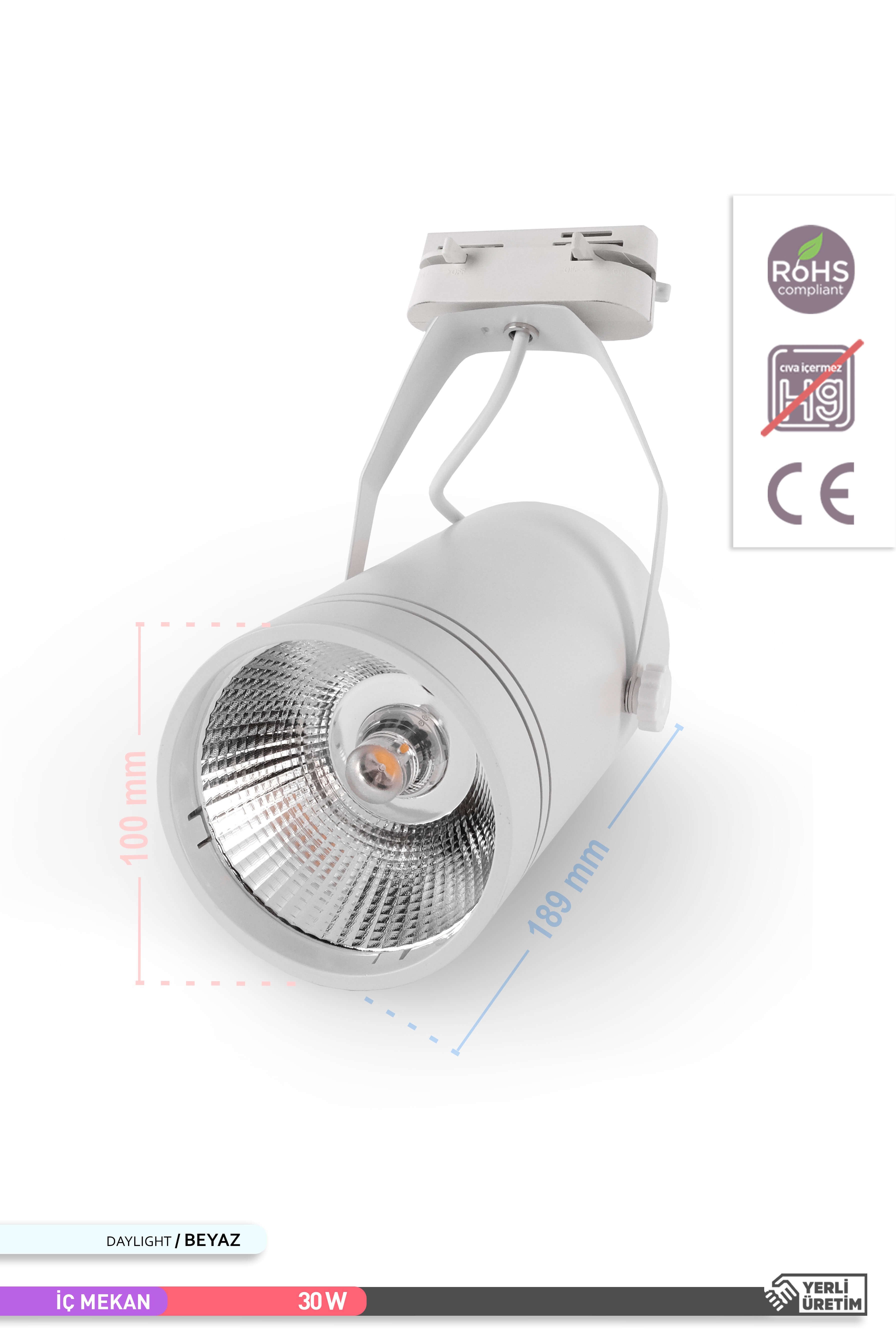 ACK COB LED Monofaze Ray Armatürü Beyaz Gövde Çift Ayaklı 6500K Beyaz Işık 30W