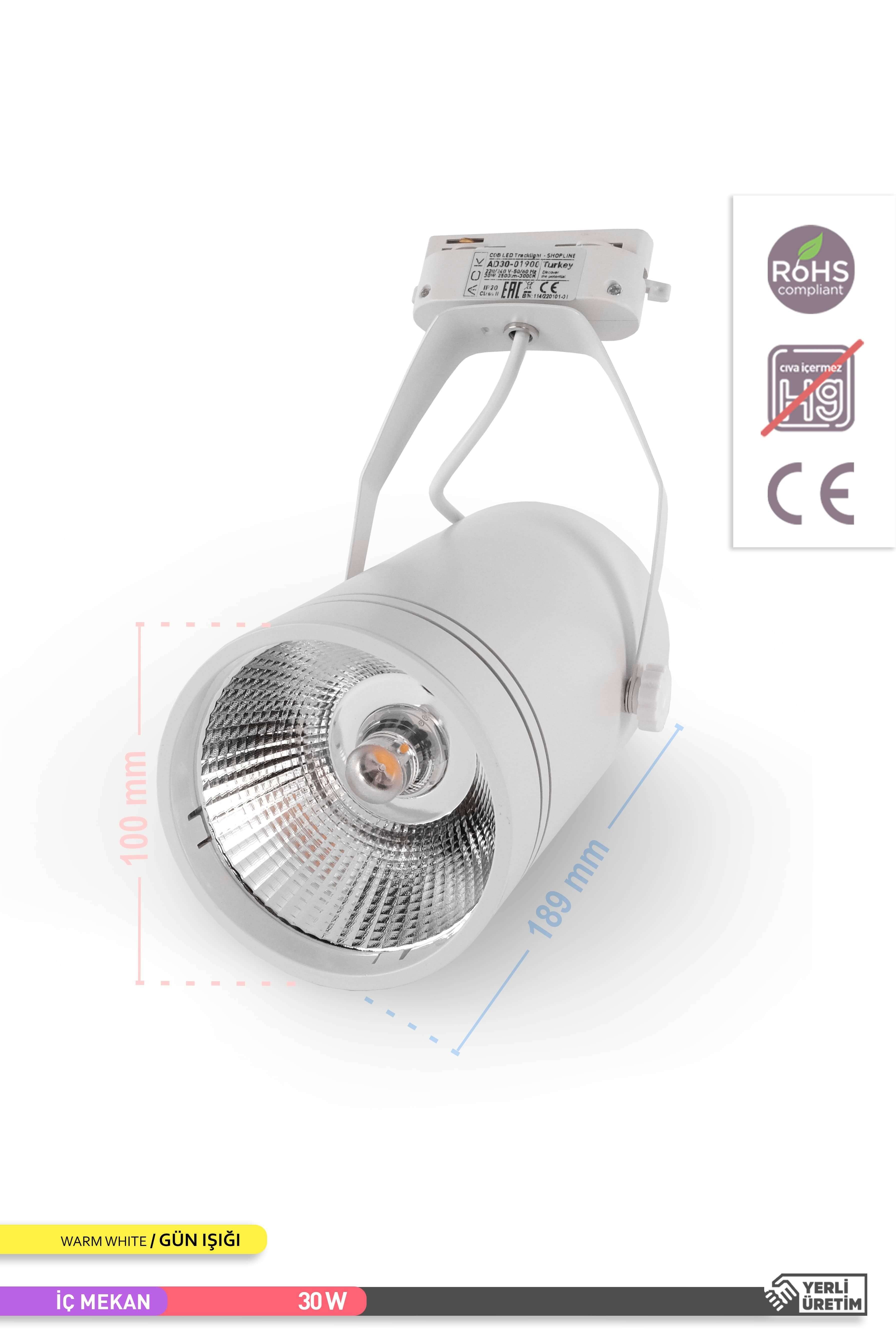 ACK COB LED Monofaze Ray Armatürü Beyaz Gövde Çift Ayaklı 3000K Gün Işığı 30W