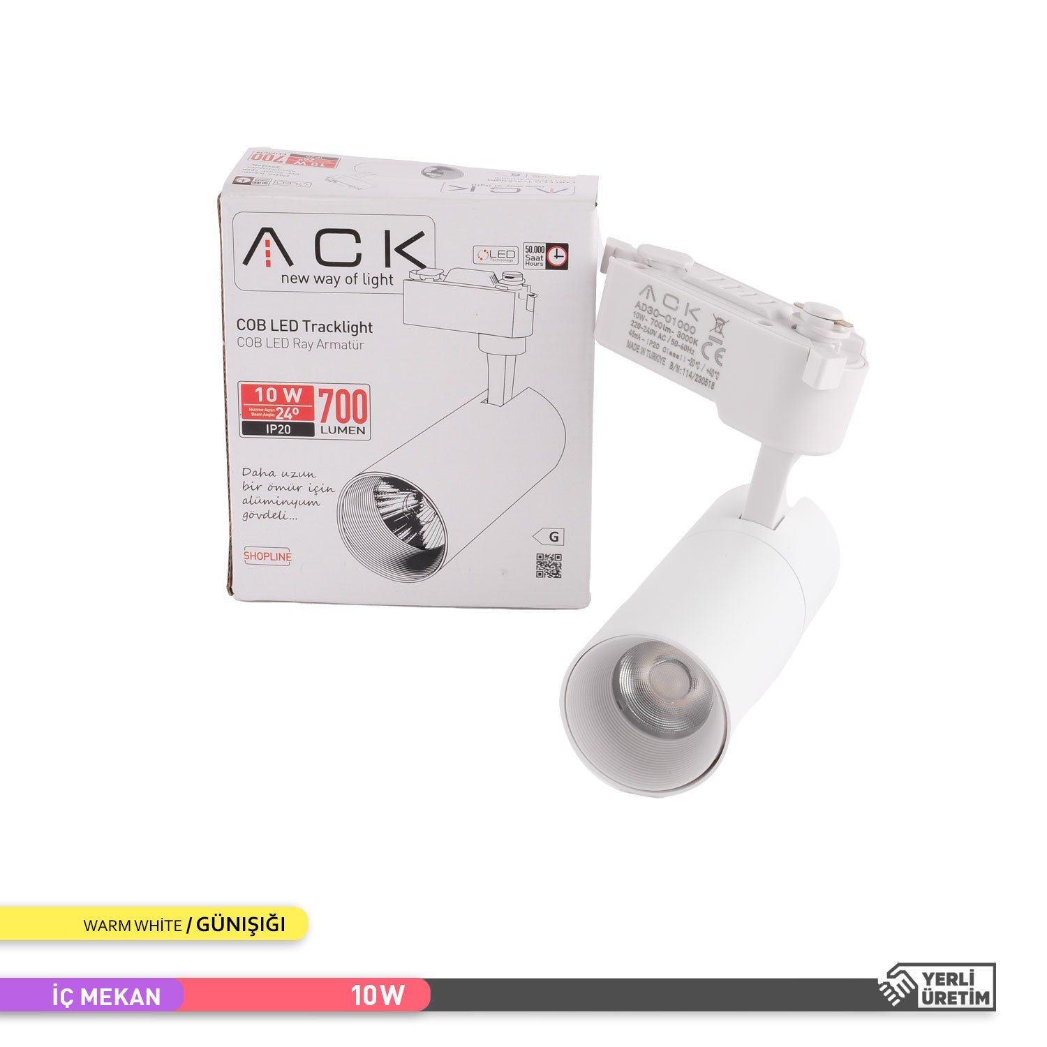 ACK 10W COB LED Monofaze Ray Armatür 3000K Günışığı Beyaz Kasa