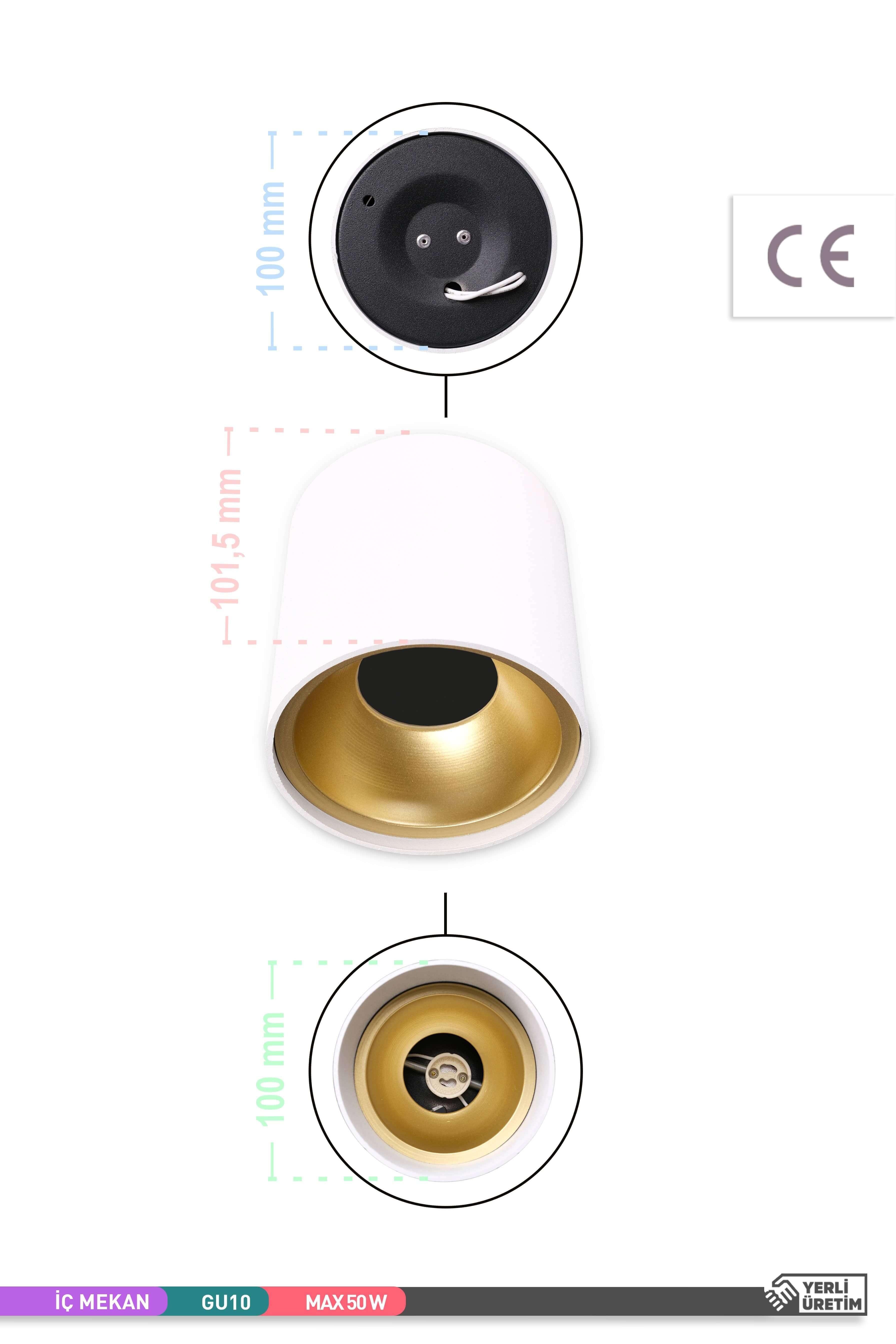 ACK Sıva Üstü Dekoratif Armatür Beyaz Kasa Gold Reflektör 100mm-100mm GU10 AH12-02560