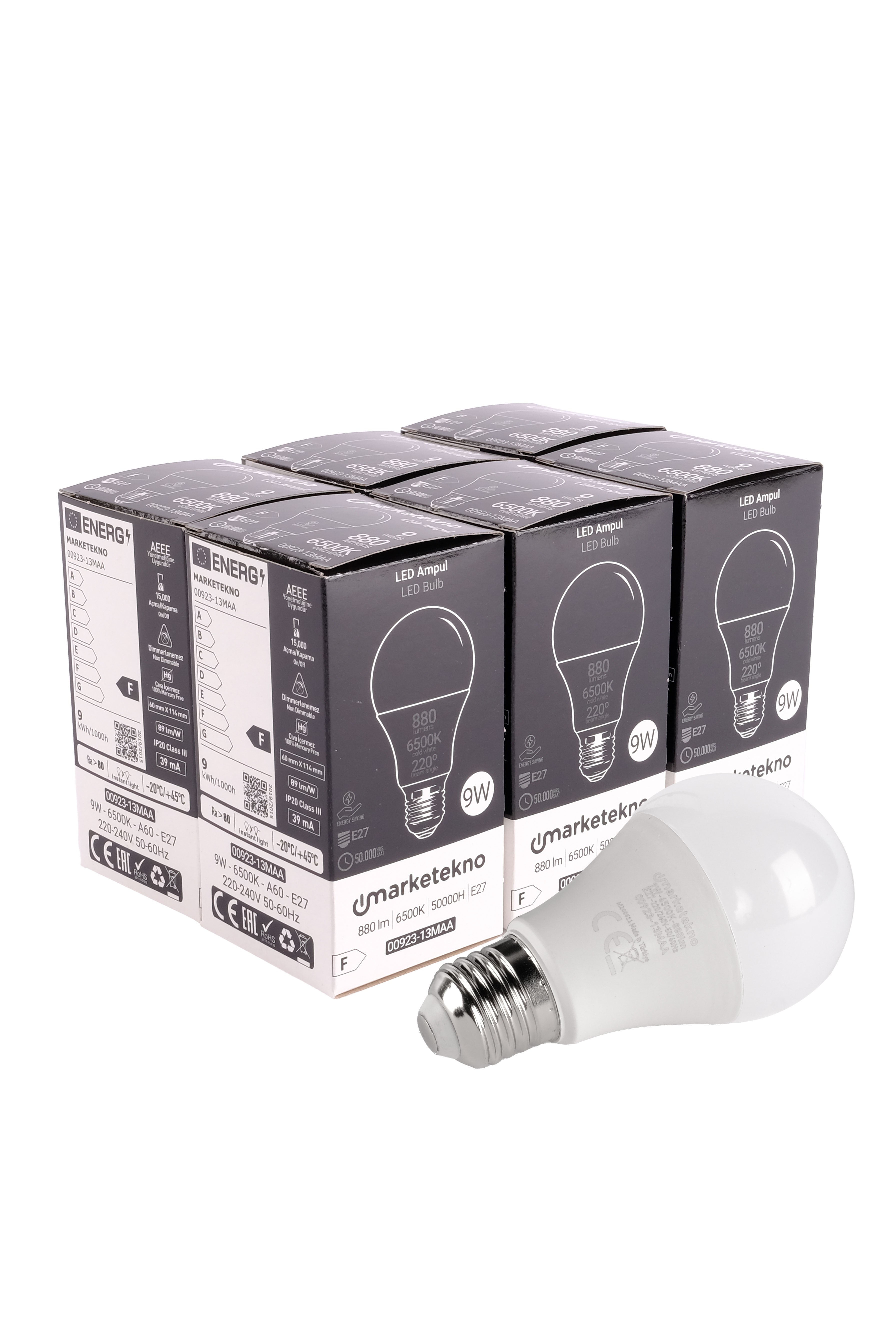 Marketekno 9W LED Ampul 6500K Beyaz Işık A60 E27 6'lı Paket Ampul