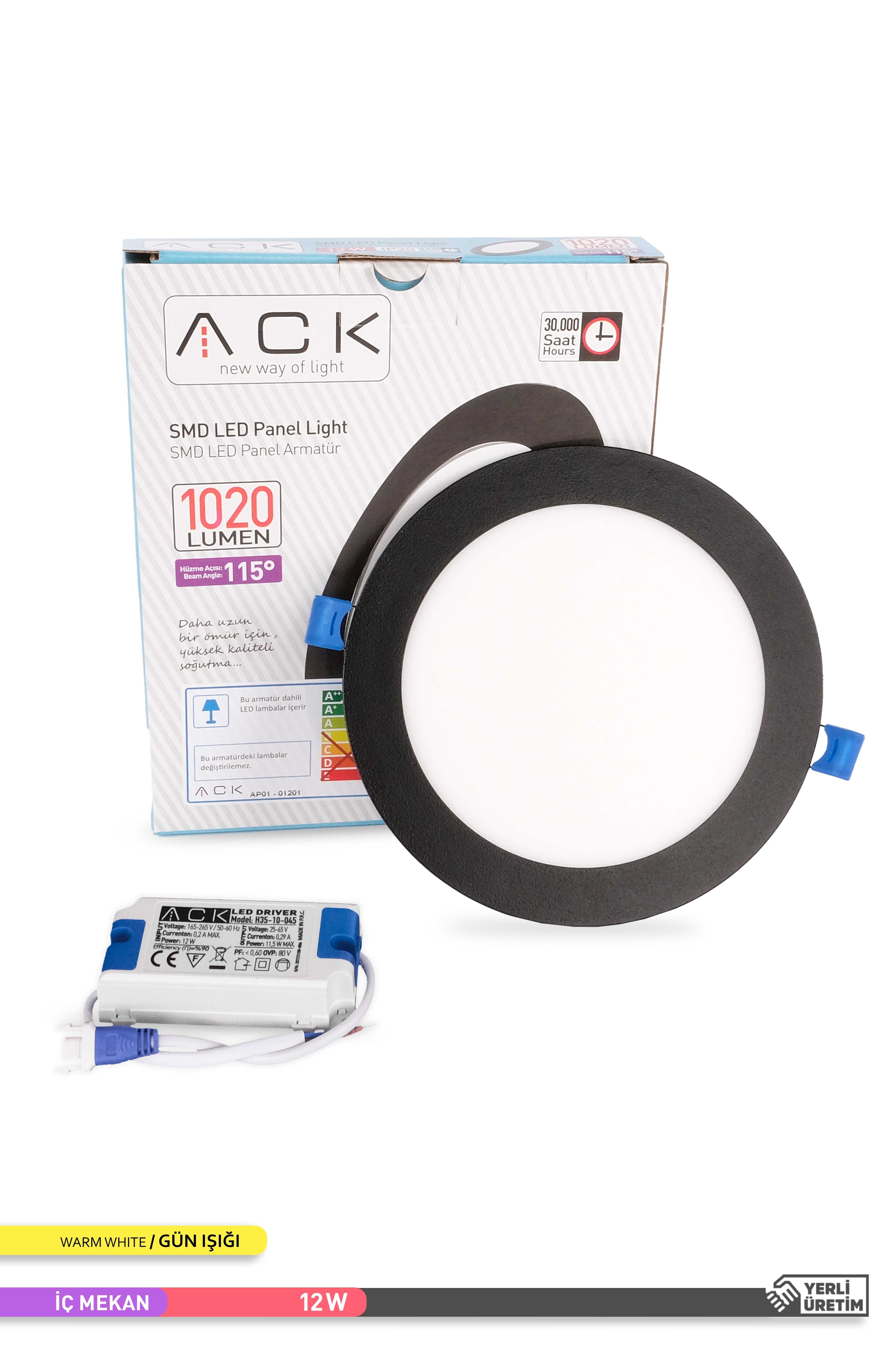 ACK 12W Sıva Altı Yuvarlak LED Panel Armatür Siyah Gövde 3000K Gün Işığı AP01-01201