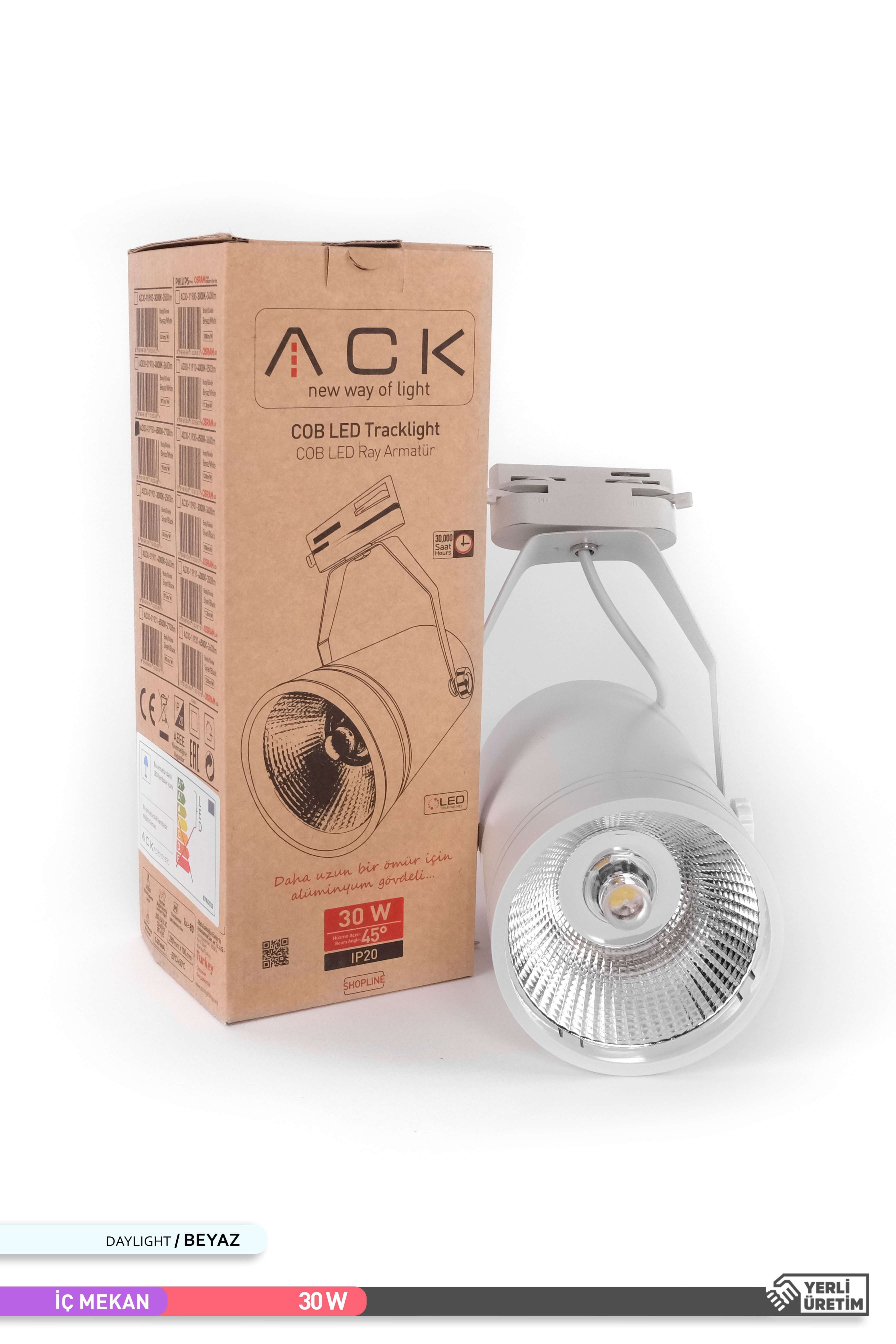 ACK COB LED Monofaze Ray Armatürü Beyaz Gövde Çift Ayaklı 6500K Beyaz Işık 30W