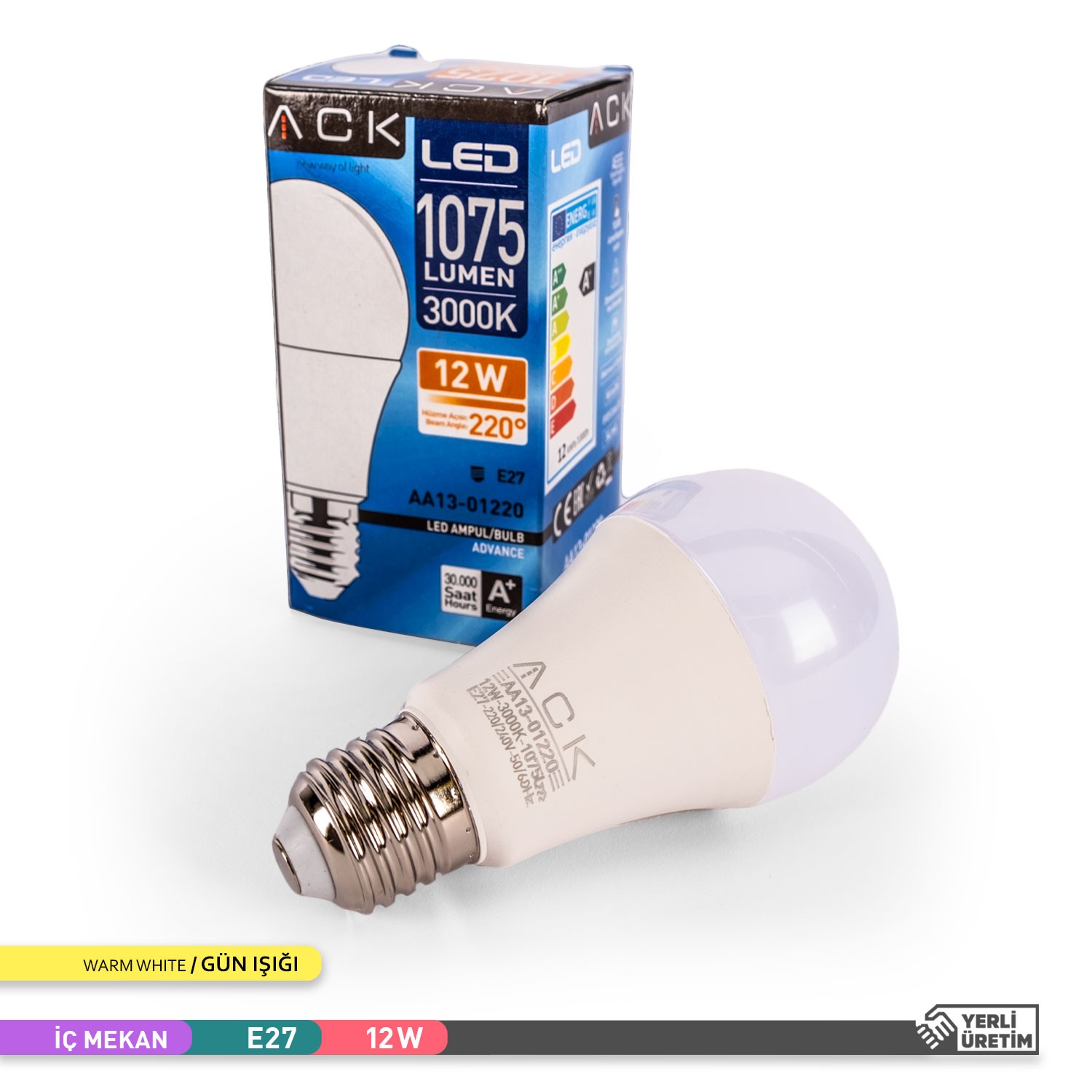 ACK LED A60 AMPUL 3000K GÜN IŞIĞI 220V 12W E27 3'LÜ EKO PAKET