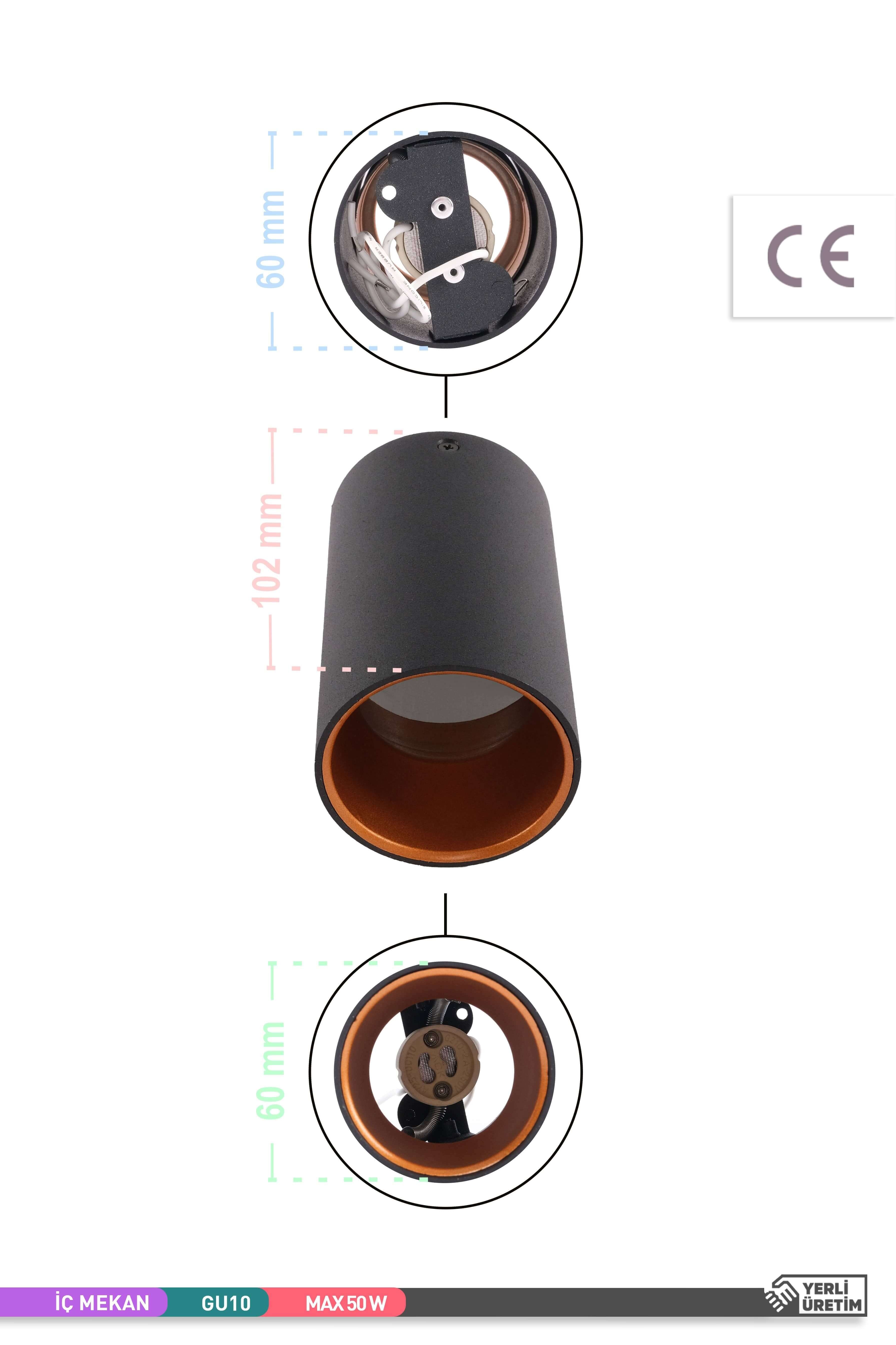 ACK Sıva Üstü Dekoratif Armatür Siyah Kasa Turuncu Reflektör 60mm-100mm GU10 AH12-01571