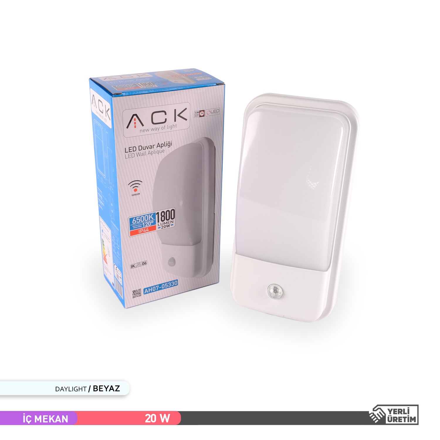 ACK 20W Sensörlü İç ve Dış Mekan LED Duvar Apliği 6500K Beyaz AH07-05330