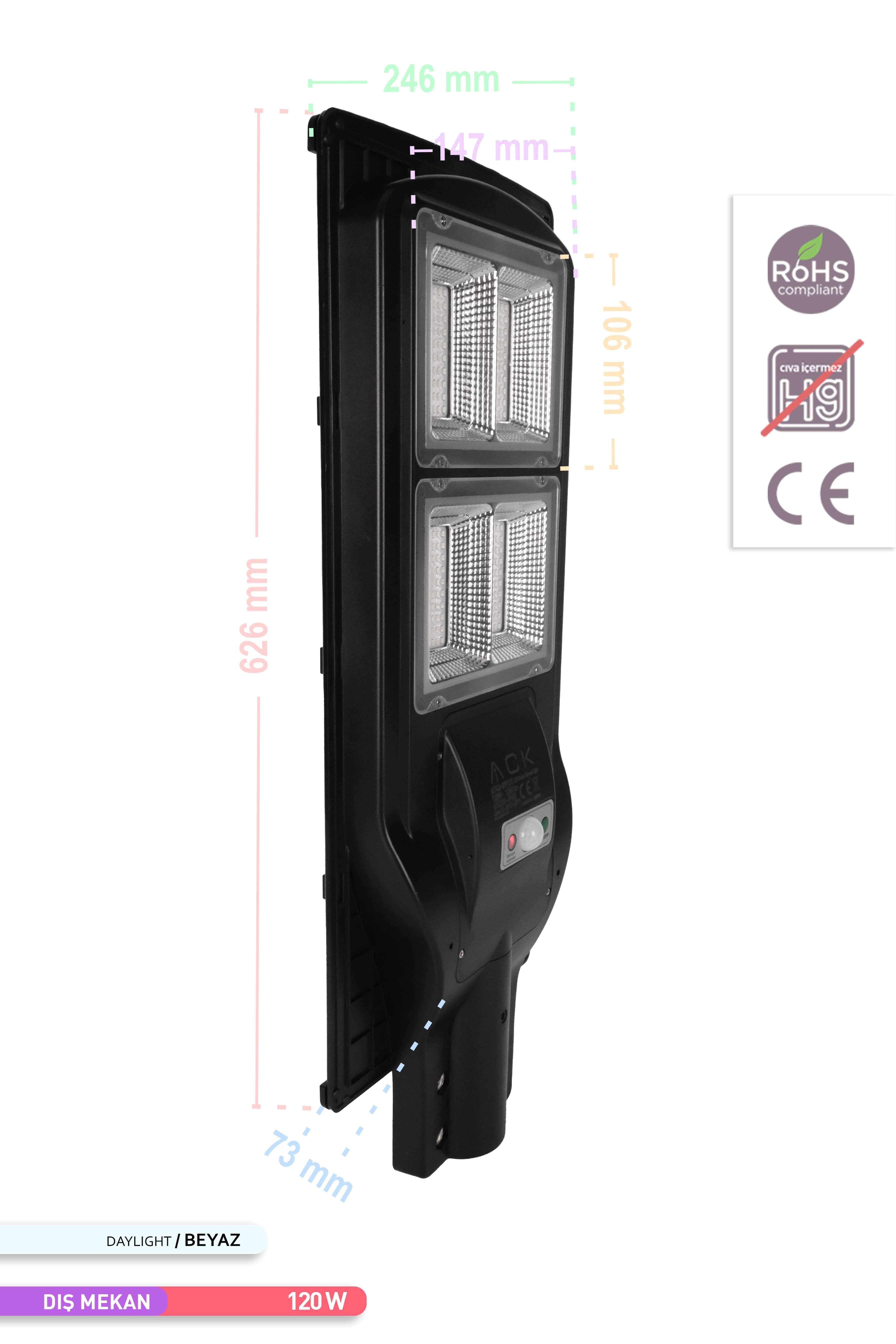 ACK 240 LED li LED Solar Sokak Armatürü Siyah Kasa 6500K Beyaz Işık 3.2V 120W AT42-09131