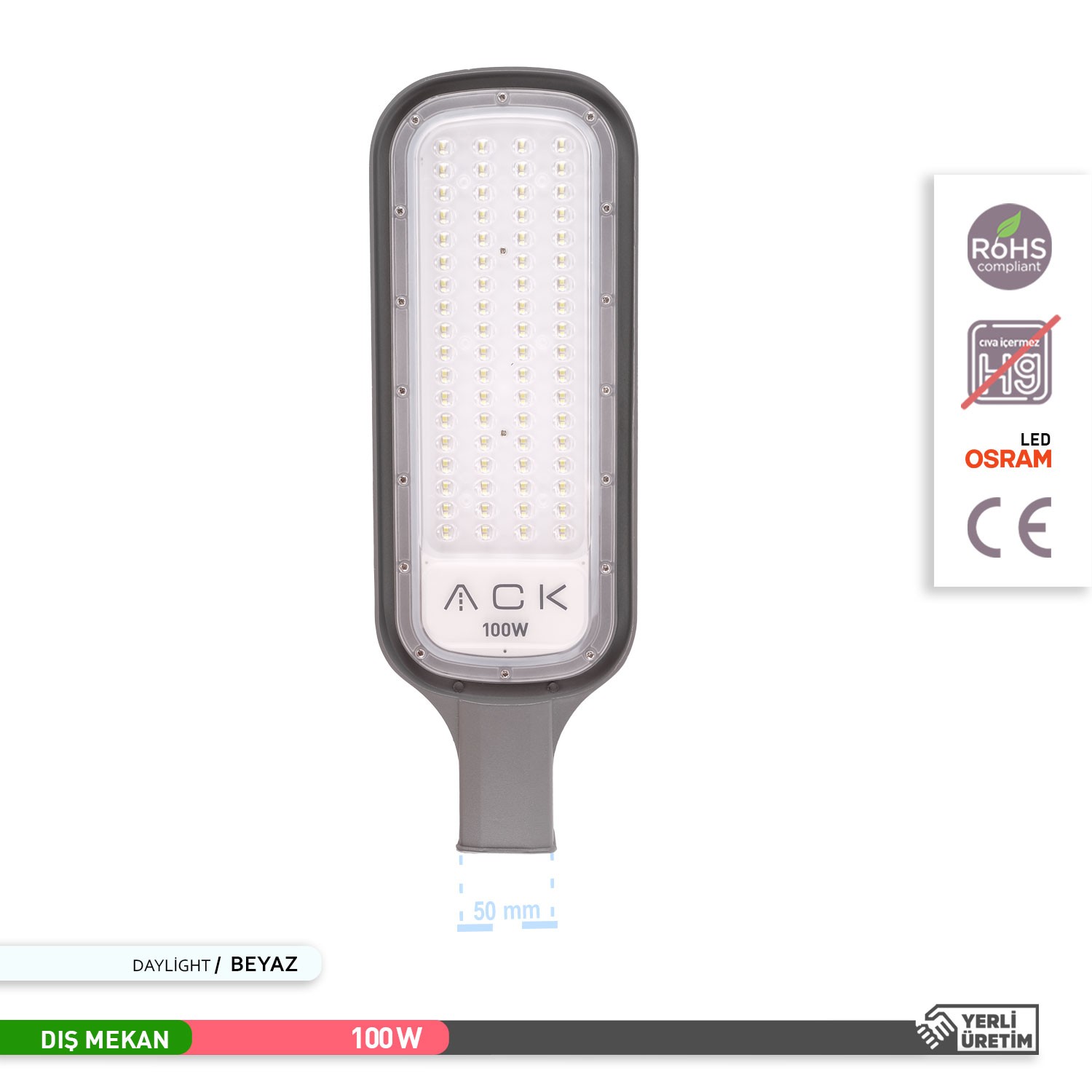 ACK LED Sokak Armatürü Siyah Kasa 6500K Beyaz Işık 100W AT41-19130