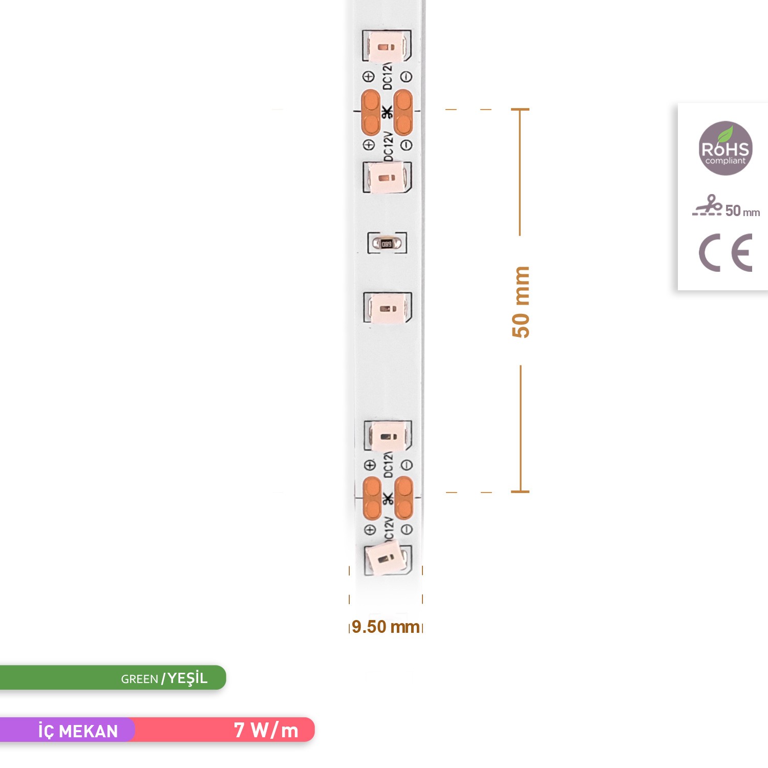 ACK Şerit LED 60 Led'li Yeşil Işık 7W 5 Metre AS01-00805