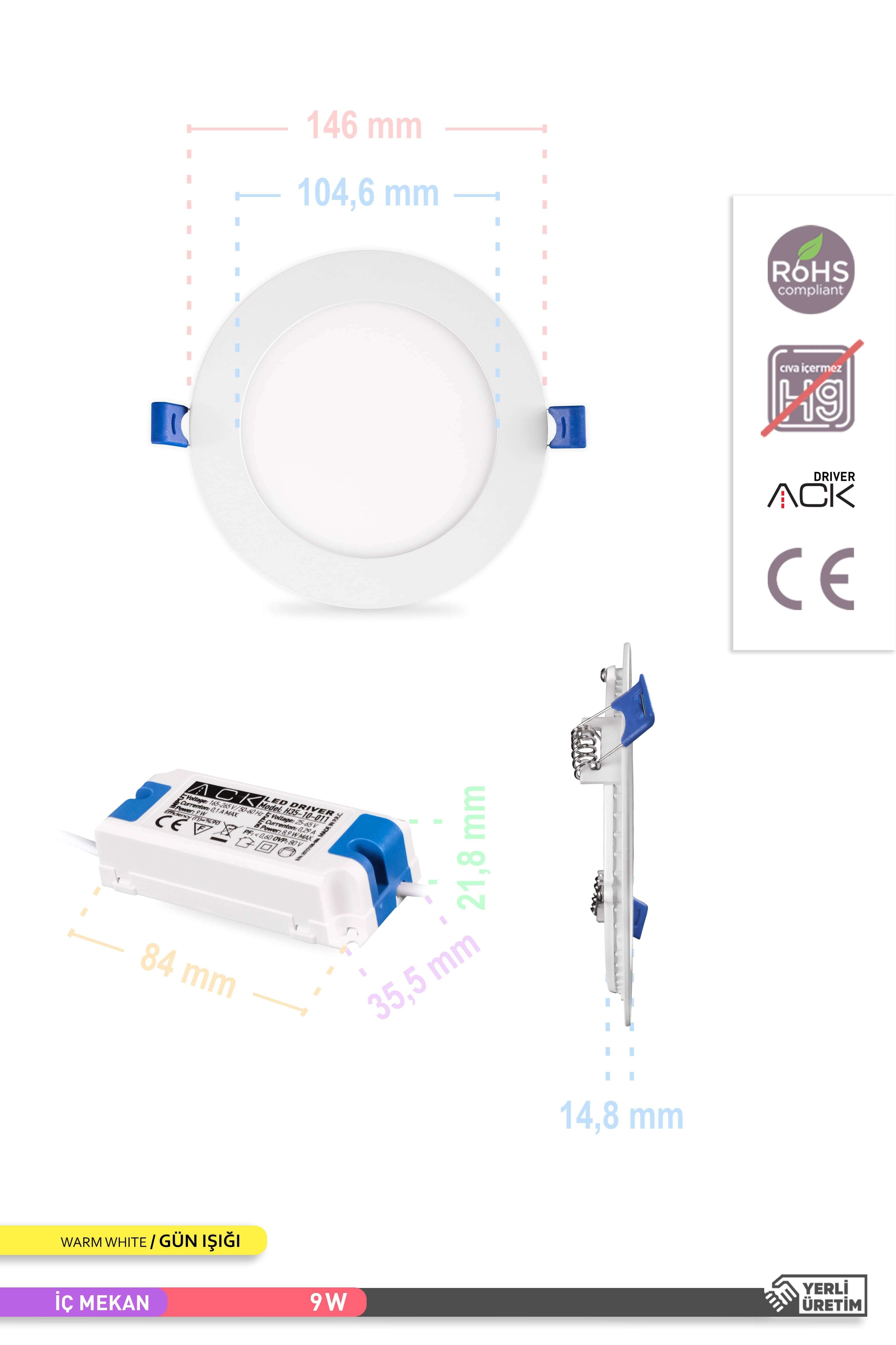 ACK Sıva Altı Yuvarlak LED Panel Armatür Beyaz Gövde 3000K Gün Işığı 9W AP01-00900