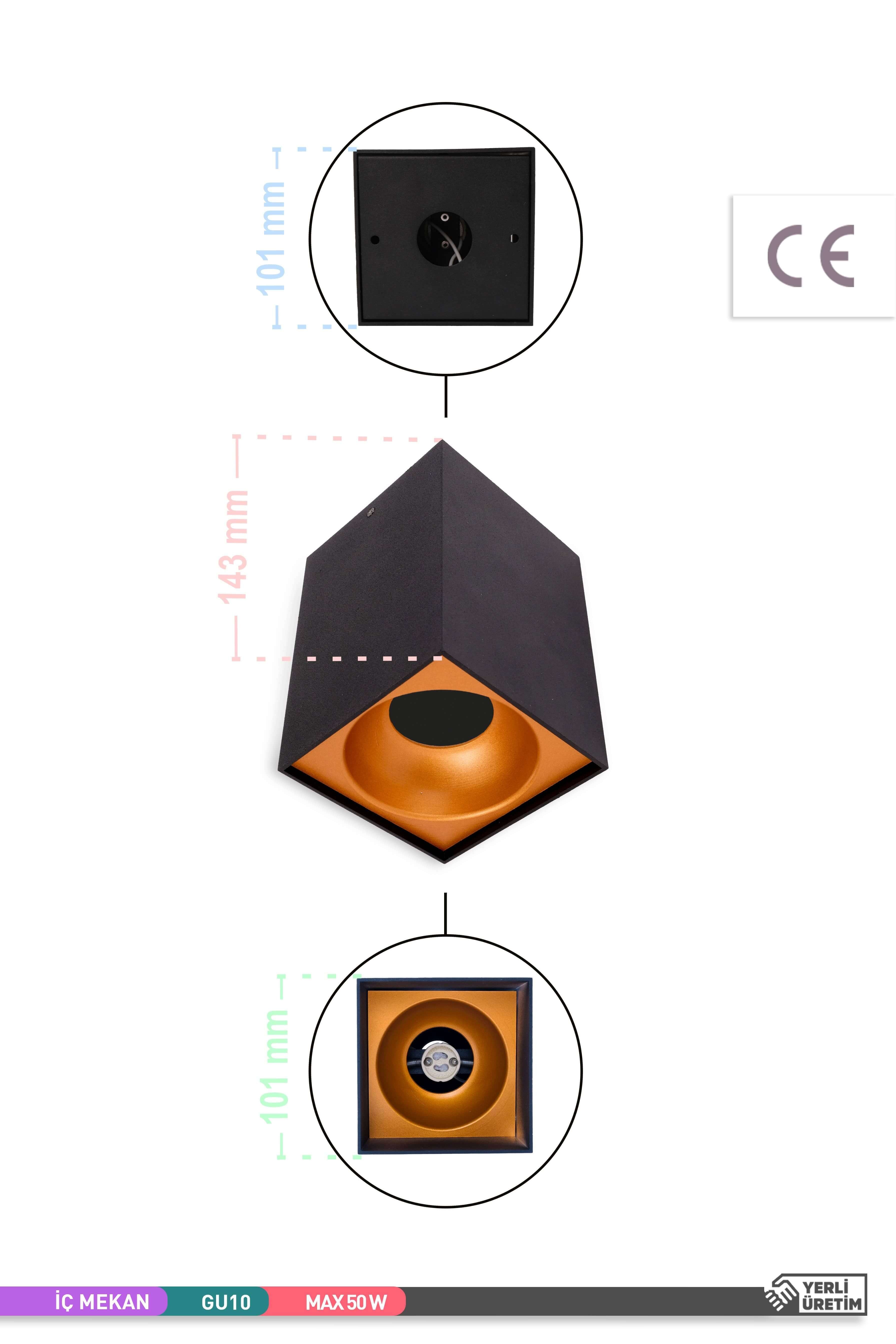 ACK Sıva Üstü Dekoratif Armatür Siyah Kasa Turuncu Reflektör 100mm-140mm GU10 AH12-03571