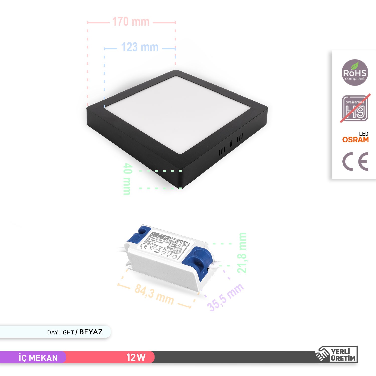 ACK 12W Sıva Üstü Kare LED Panel Armatür Siyah Gövde 6500K Beyaz Işık AP04-01231