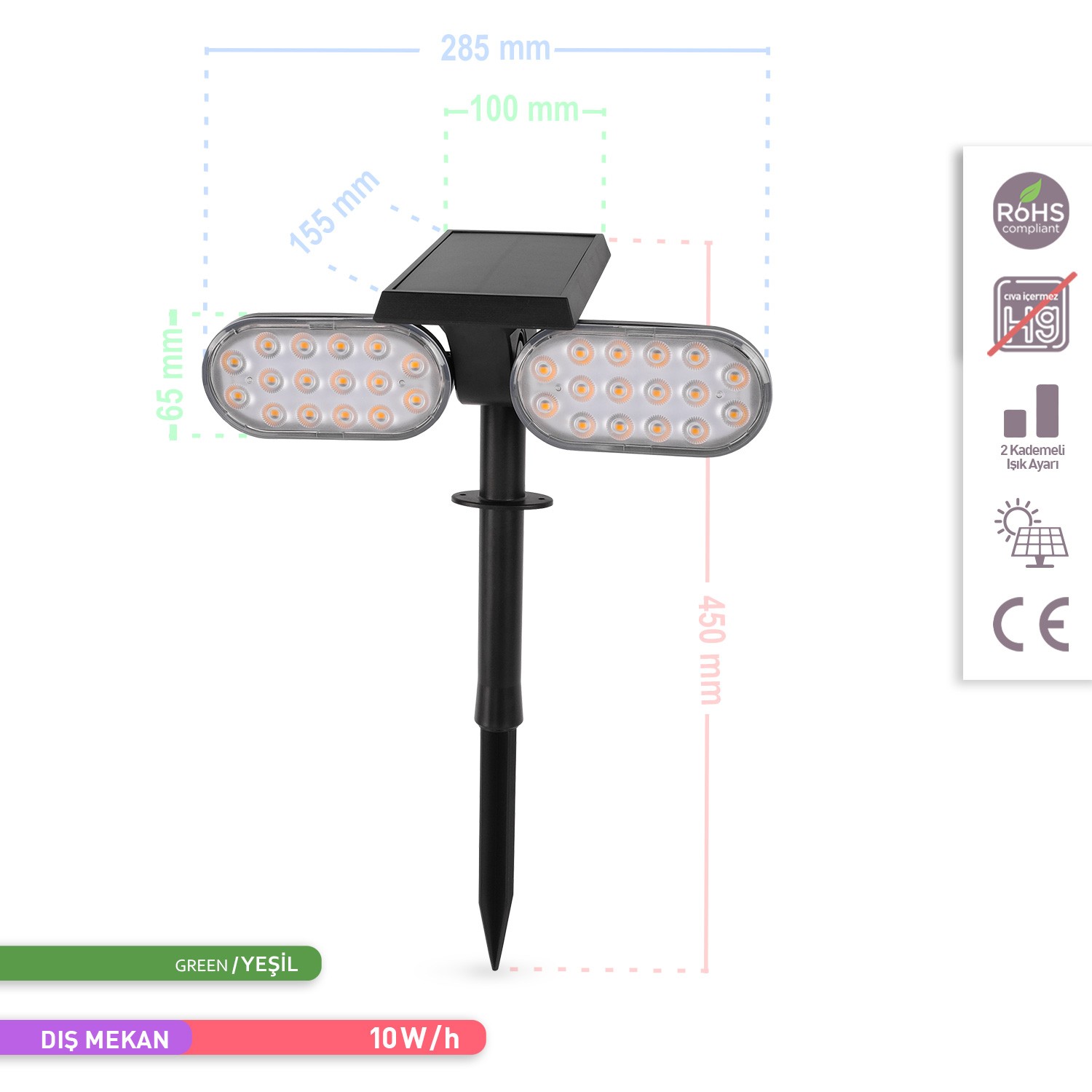 Ack Solar LED Kazıklı Çim Armatürü Güneş Enerjili Bahçe Duvar Aydınlatması Yeşil Renk AG60-02851