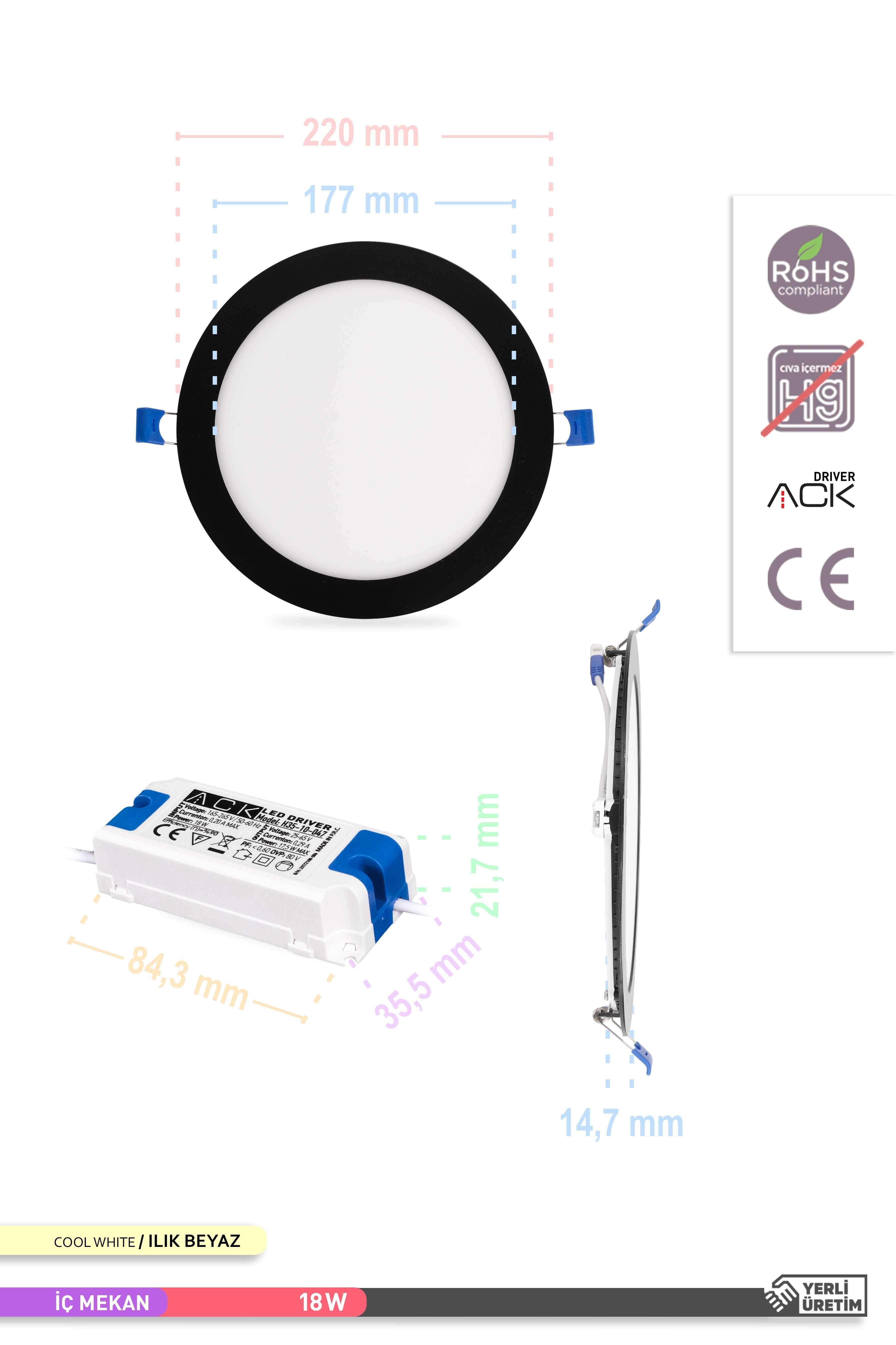 ACK 18W Sıva Altı Yuvarlak LED Panel Armatür Siyah Gövde 4000K Ilık Beyaz AP01-01811