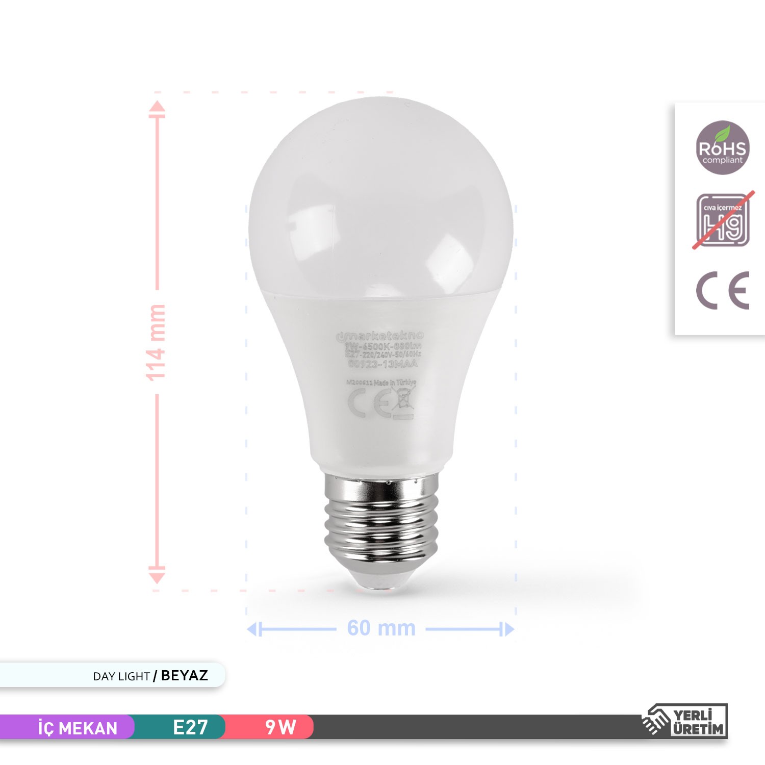 Marketekno 9W LED Ampul 6500K Beyaz Işık A60 E27 00923-13MAA