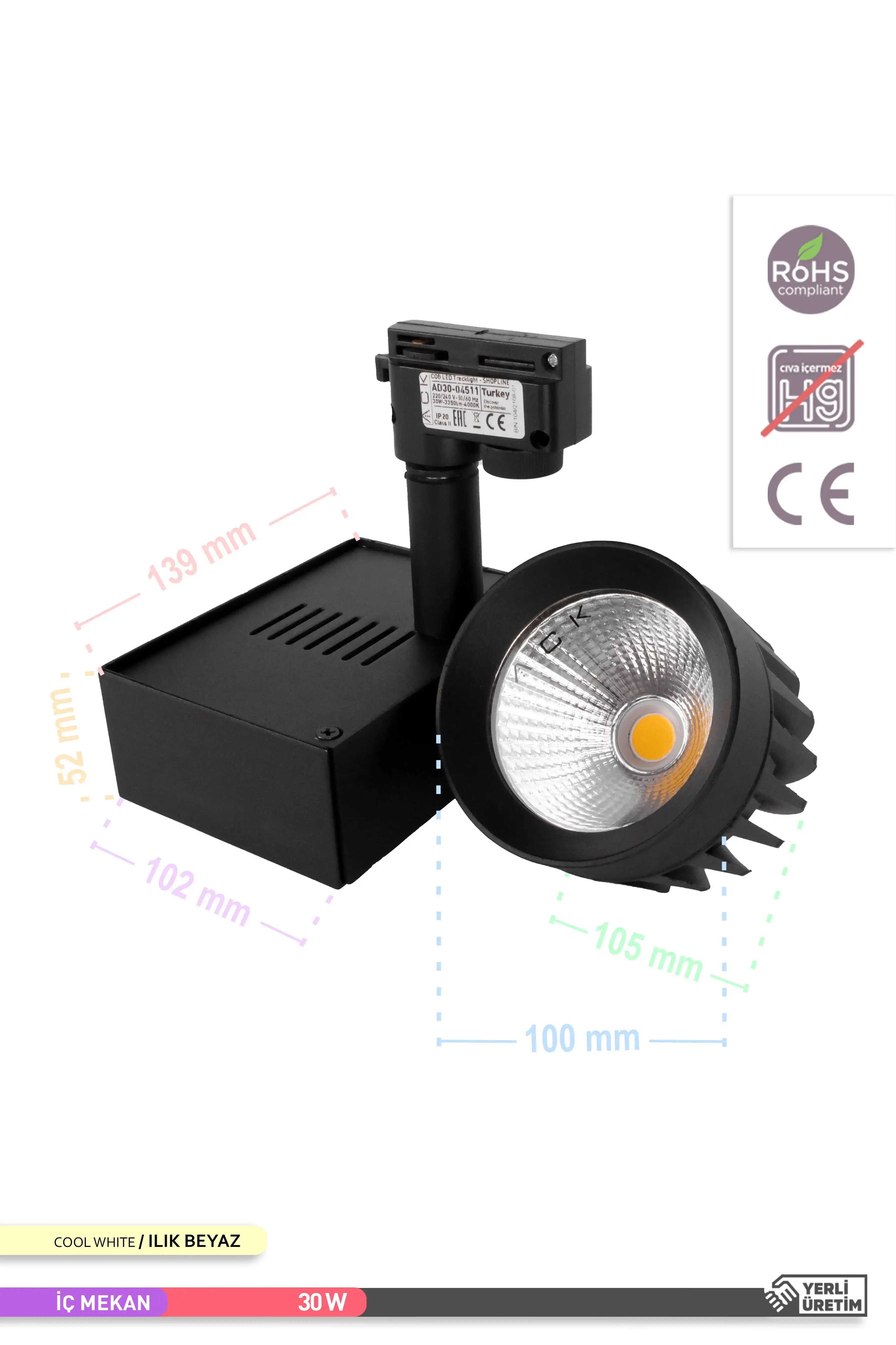 ACK COB LED Monofaze Ray Armatürü Siyah Kasa 4000K Ilık Beyaz 30W