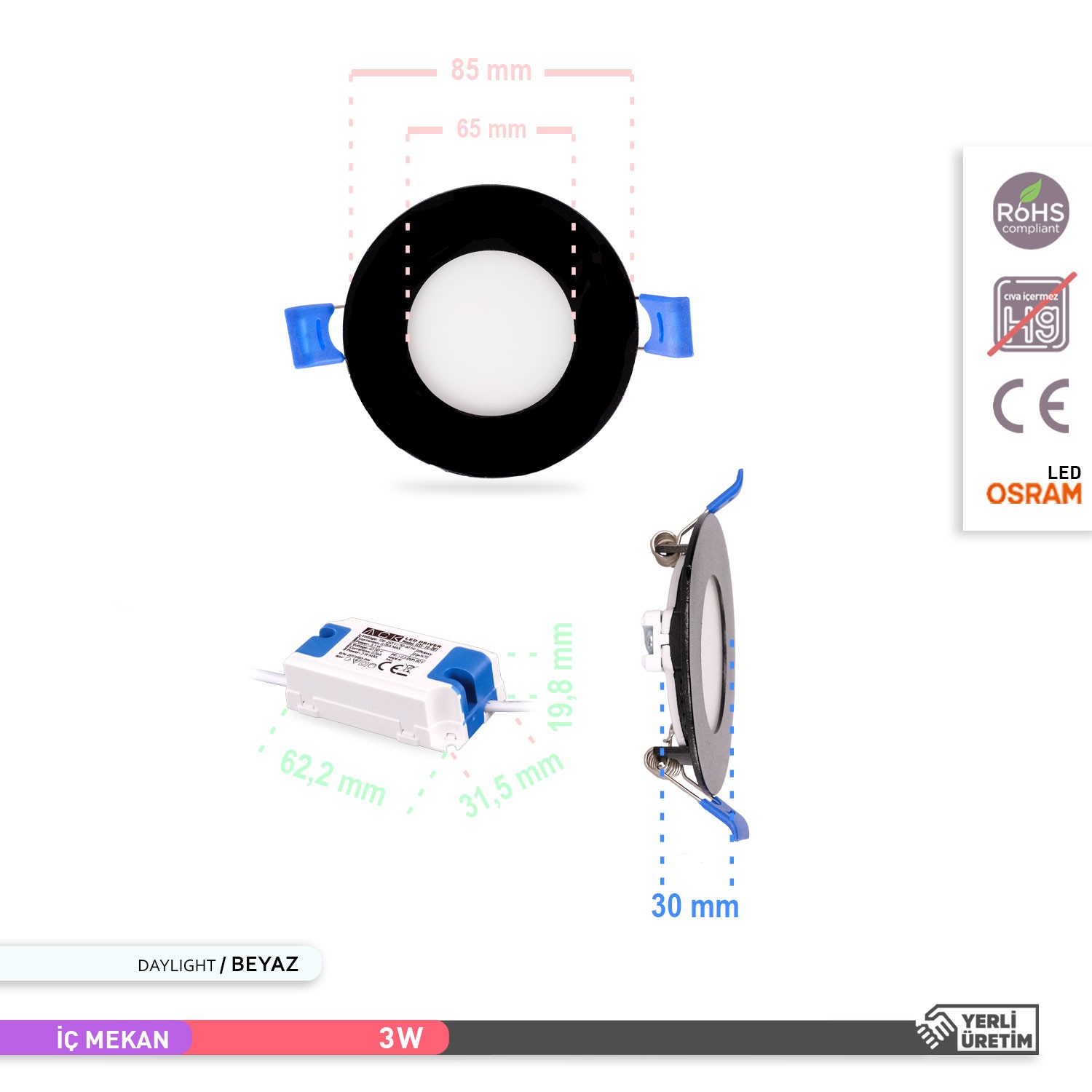 ACK Sıva Altı Yuvarlak LED Panel Armatür Siyah Gövde 6500K Günışığı 3W AP01-00331