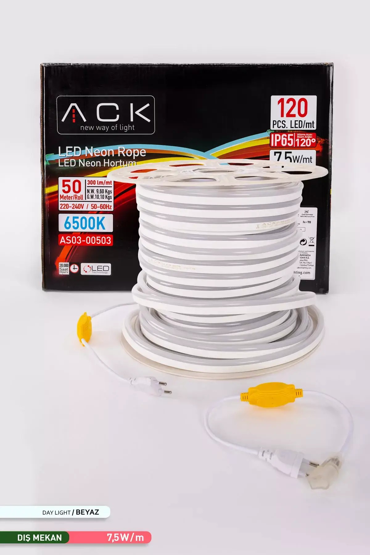 ACK 120 LED li LED Neon Hortum 6500K Beyaz Işık 220V 7.5W 50m