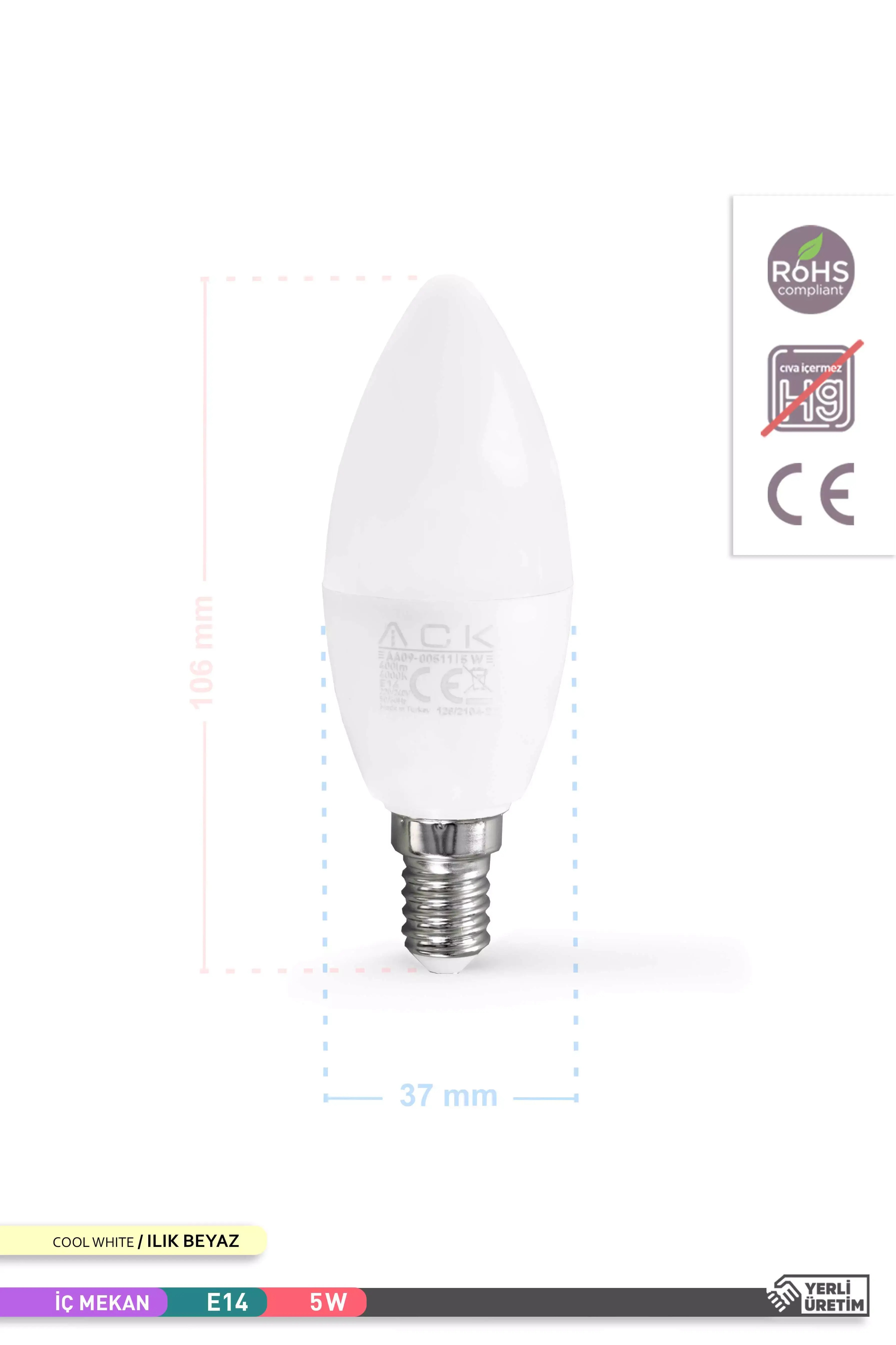 ACK LED Mum Ampul 4000K Ilık Beyaz 220V 5W E14 AA09-00511