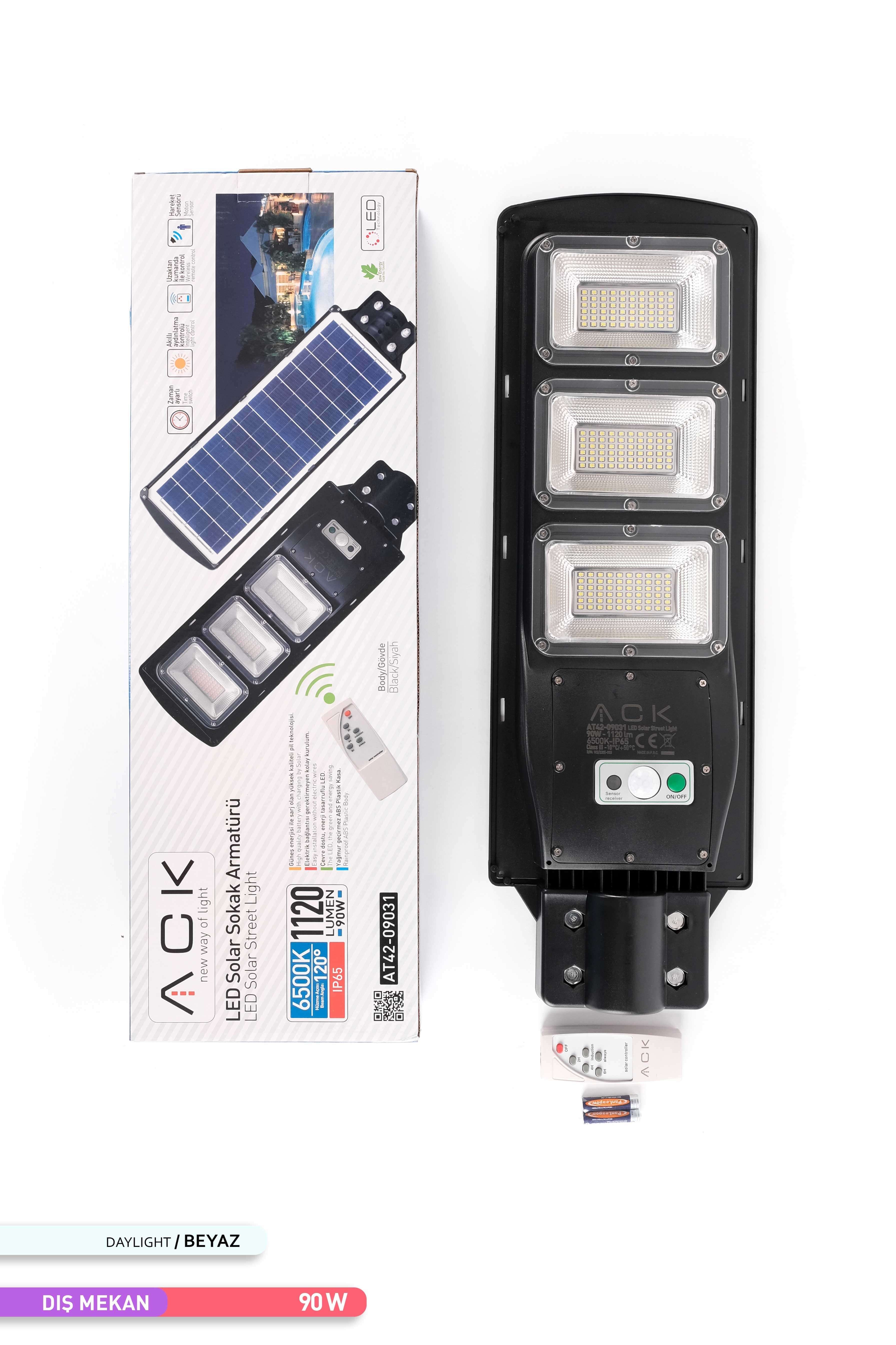 ACK 90W 180 LED Solar Sokak Armatürü Siyah Kasa 6500K Beyaz Işık 3.2V AT42-09031