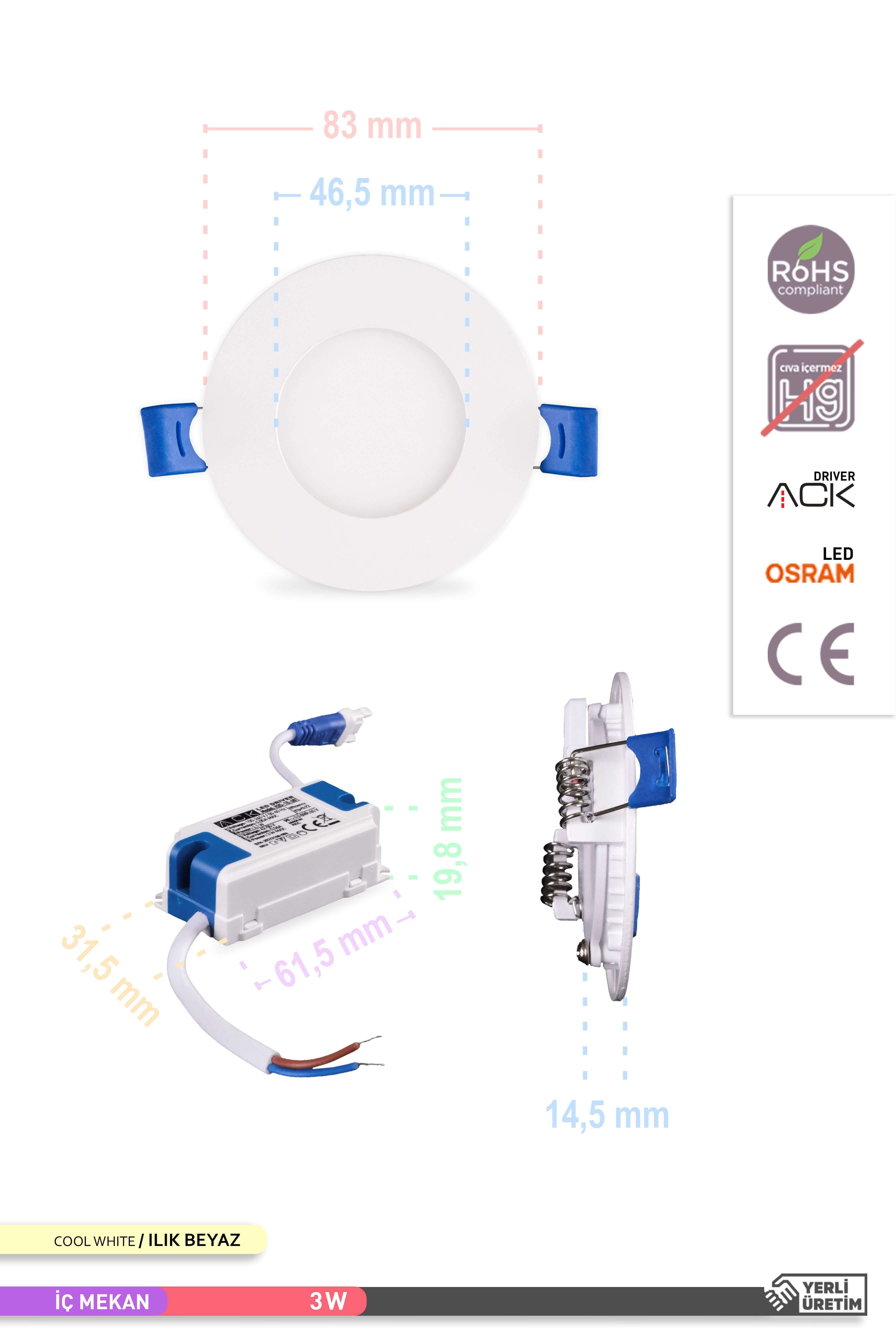 ACK Sıva Altı Yuvarlak LED Panel Armatür Beyaz Gövde 4000K Ilık Beyaz 3W AP01-00310