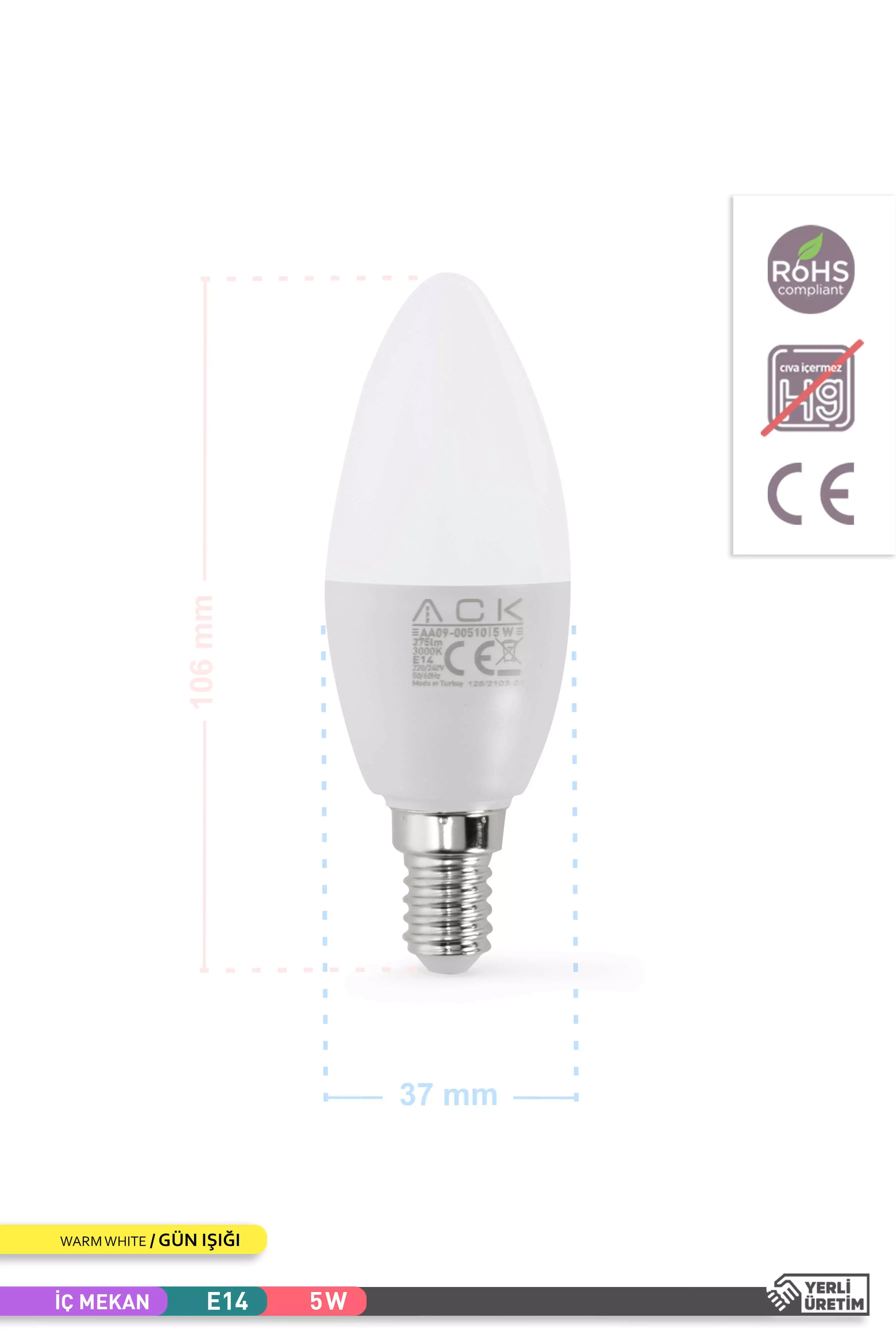 ACK LED Mum Ampul 3000K Gün Işığı 220V 5W E14 AA09-00510