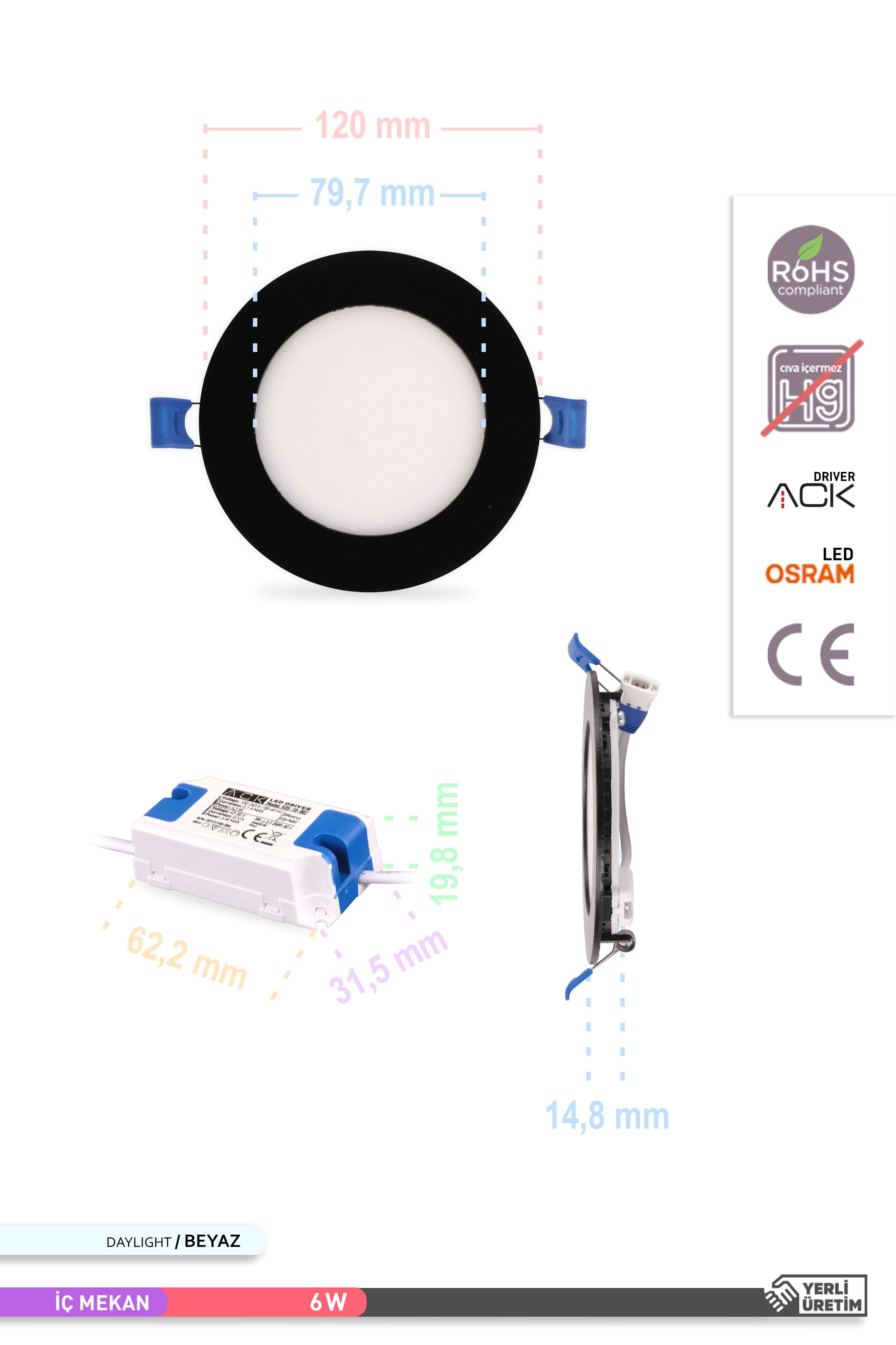 ACK 6W Sıva Altı Yuvarlak LED Panel Armatür Siyah Gövde 6500K Beyaz AP01-00631