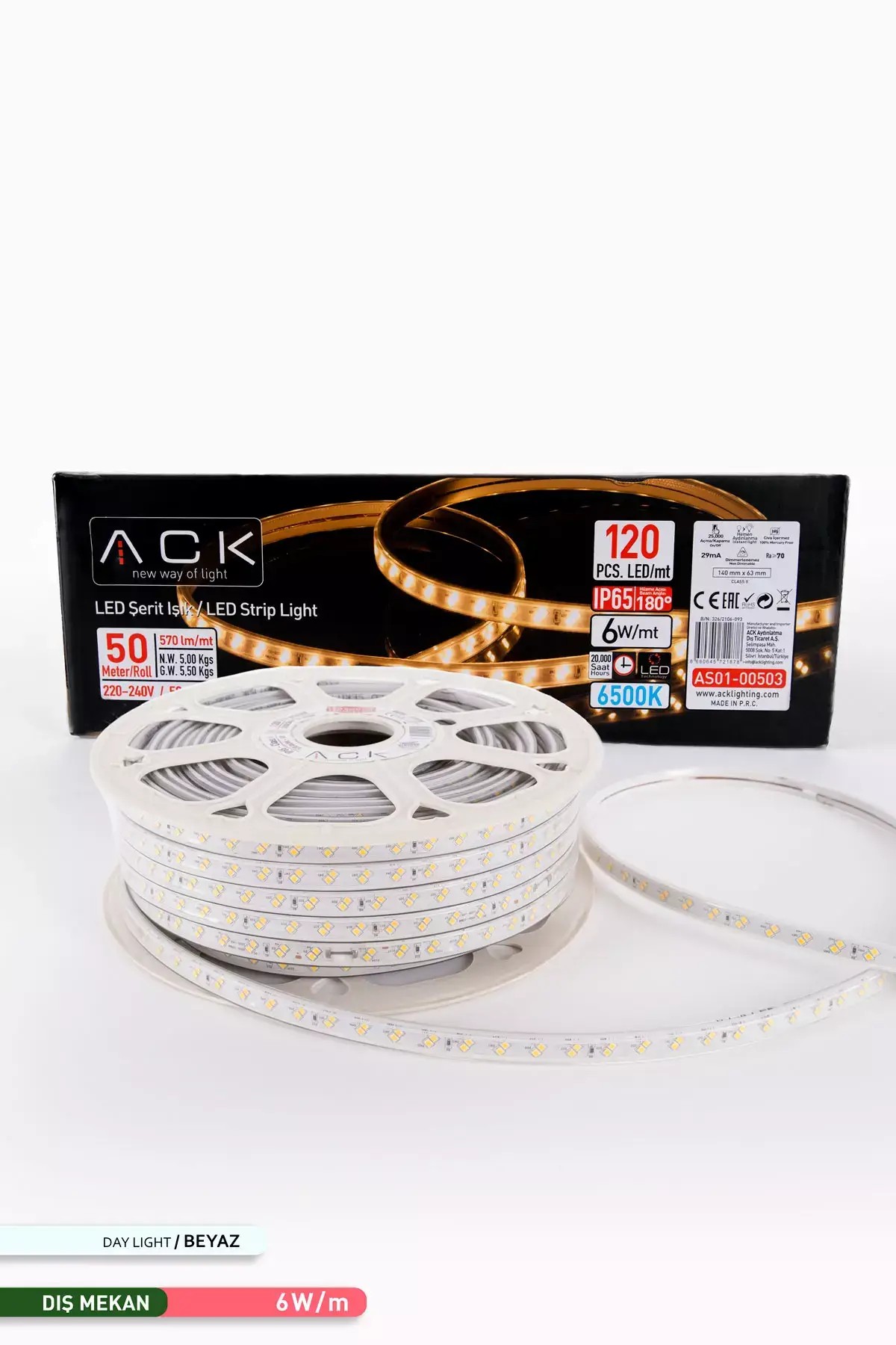 ACK 120 LED li Şerit LED 6500K Beyaz Işık 220V 6W 50m AS01-00503