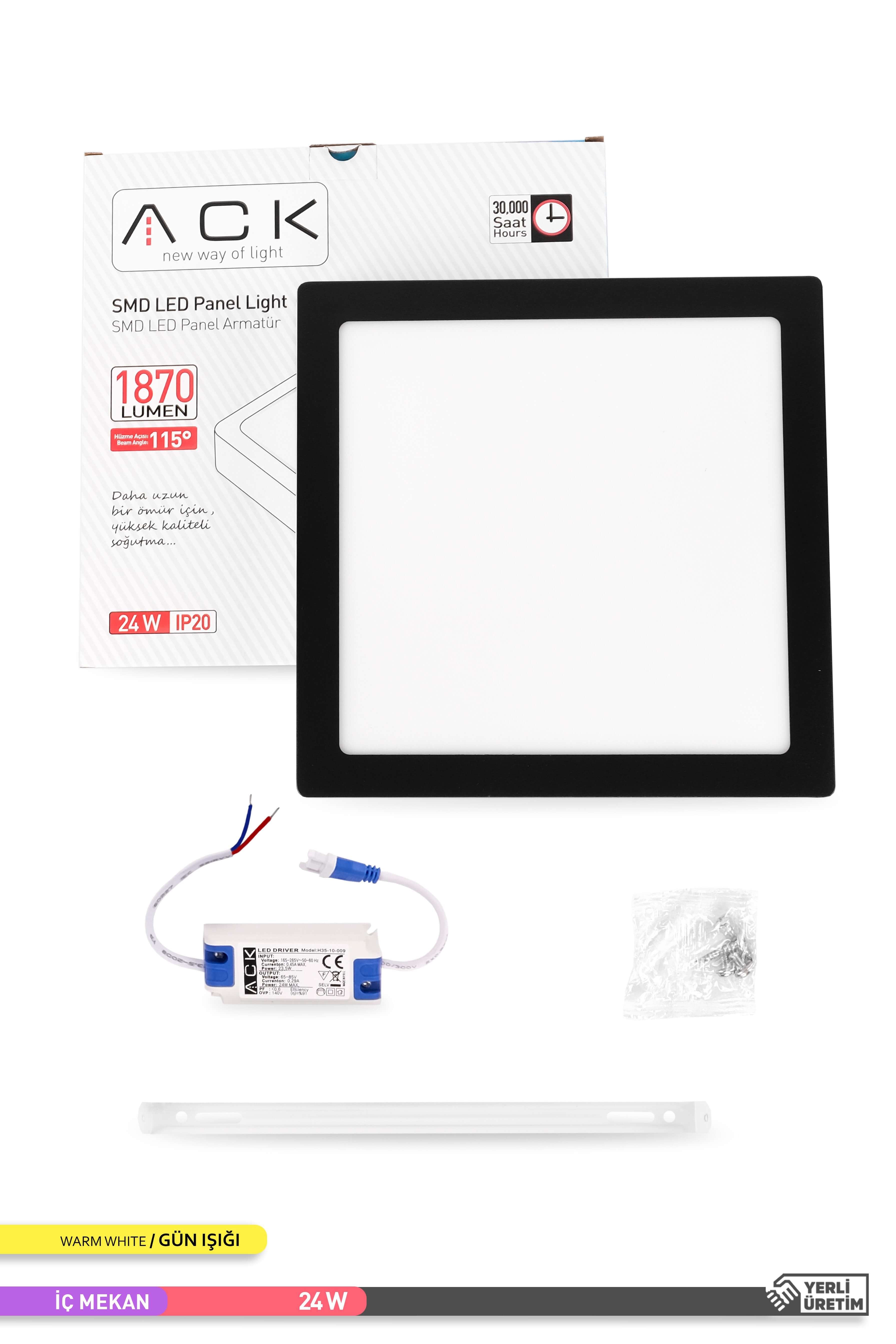 ACK 24W Sıva Üstü Kare LED Panel Armatür Siyah Gövde 3000K Gün Işığı AP04-02401