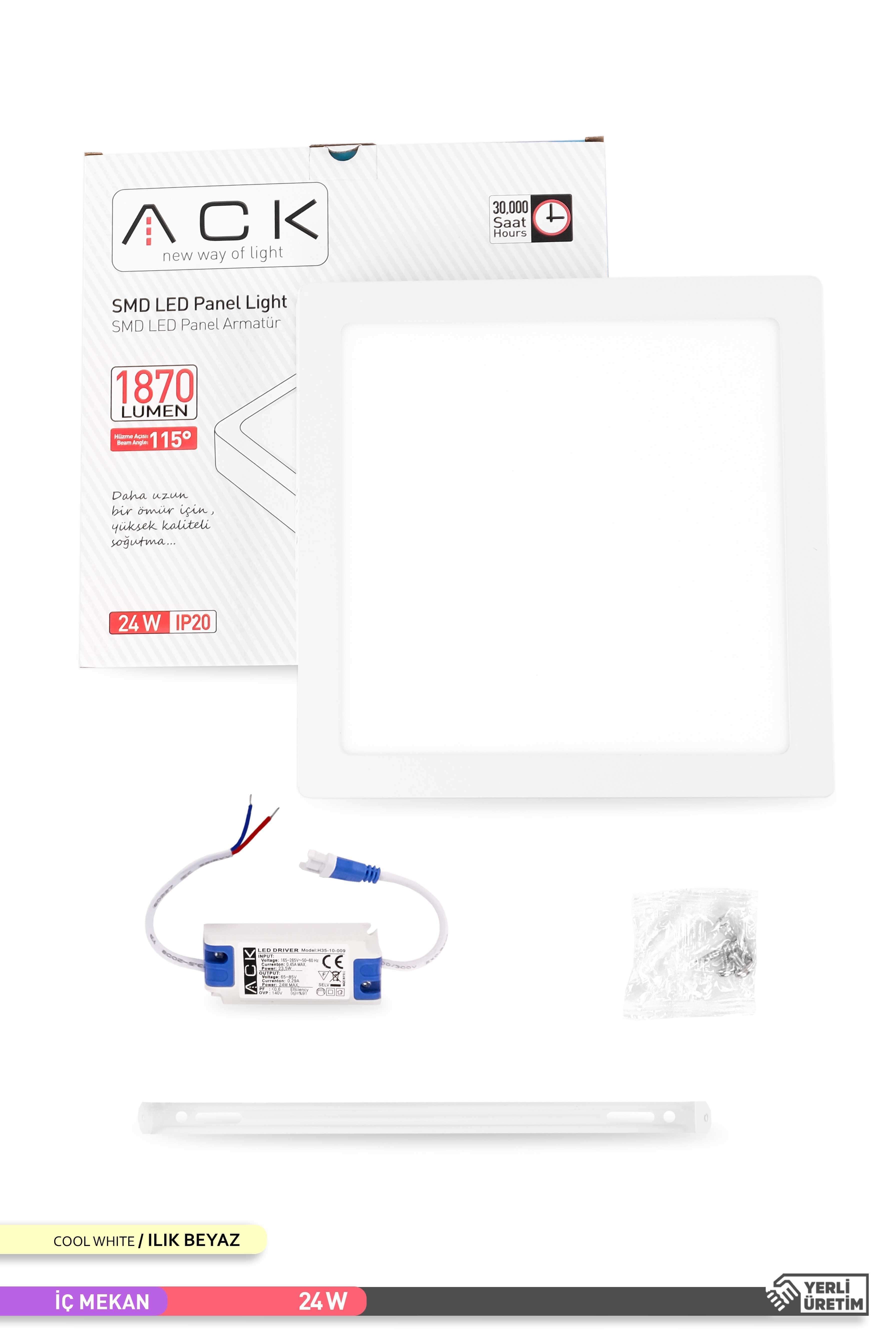 ACK Sıva Üstü Kare LED Panel Armatür Beyaz Gövde 4000K Ilık Beyaz 24W AP04-02410