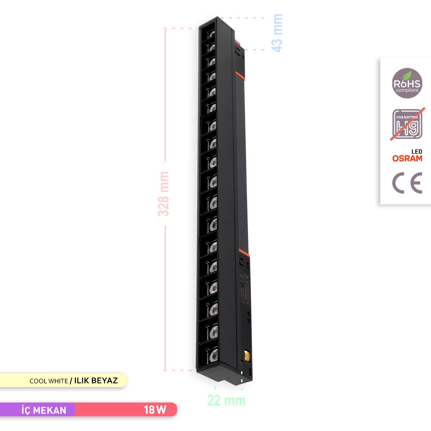 ACK 18W 48V Magnet Led Ray Armatür 4000K Ilık Beyaz AD40-02311