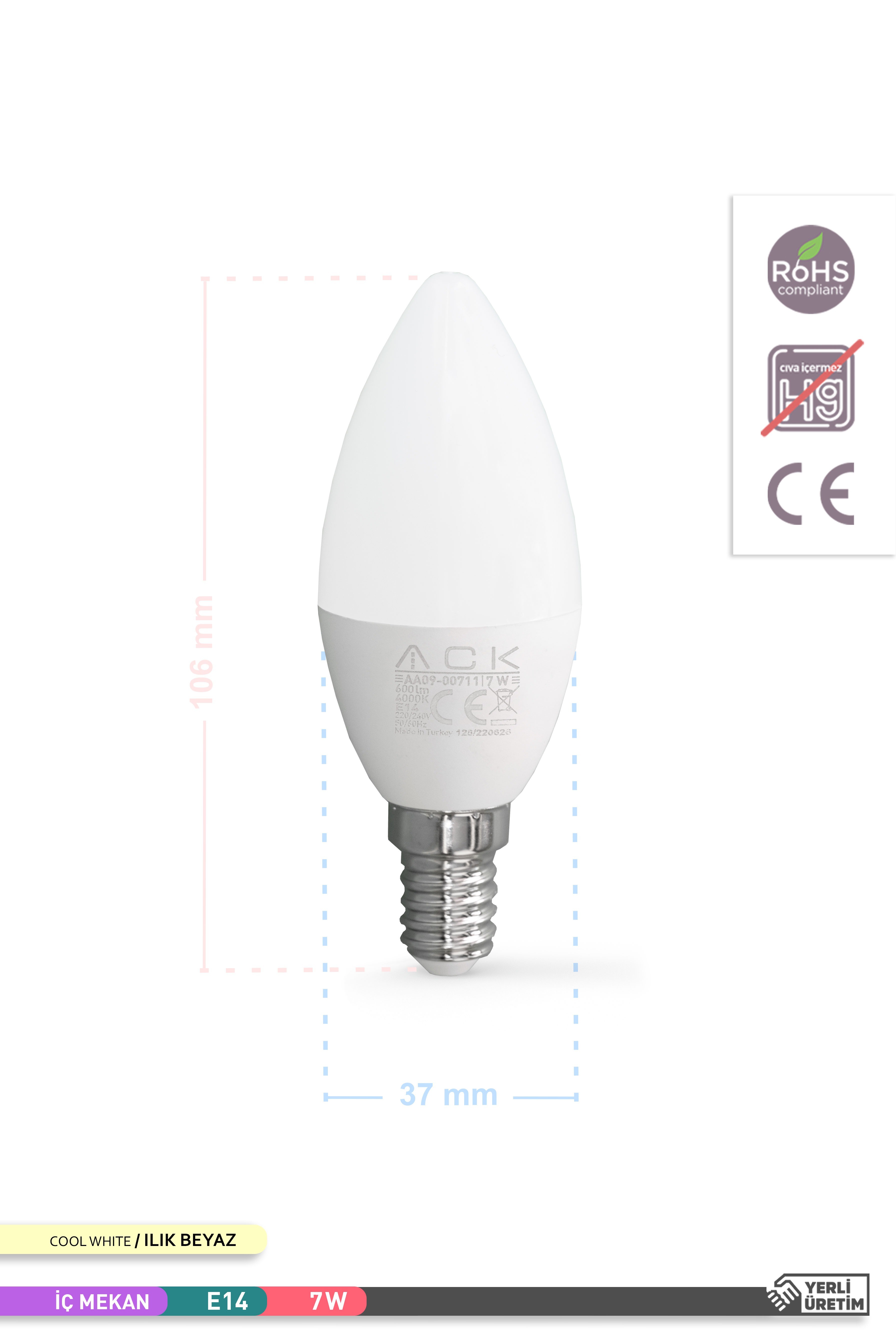 ACK 7W LED Mum Ampul 4000K Ilık Beyaz E14 C37 AA09-00711