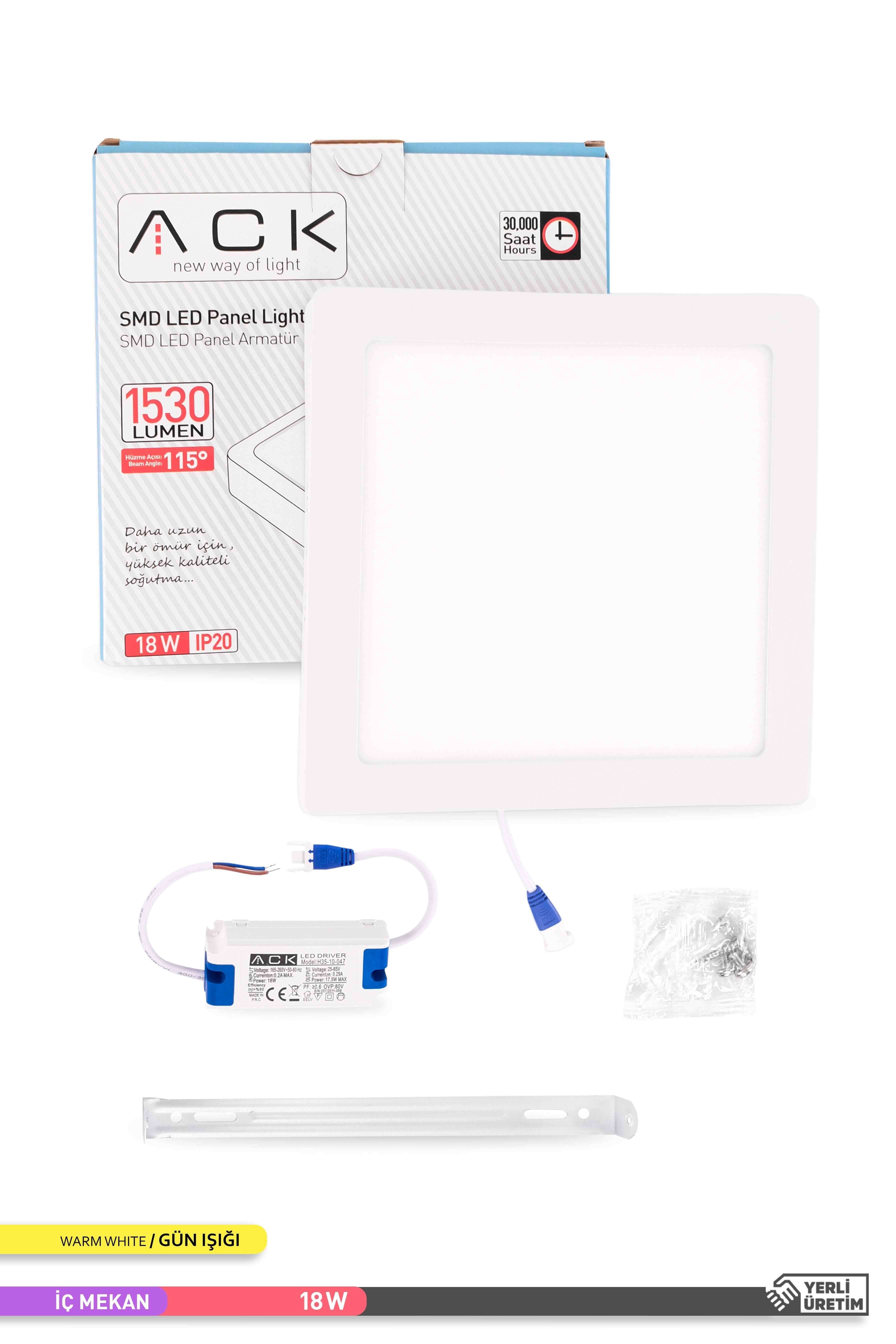 ACK Sıva Üstü Kare LED Panel Armatür Beyaz Gövde 3000K Gün Işığı 18W AP04-01800