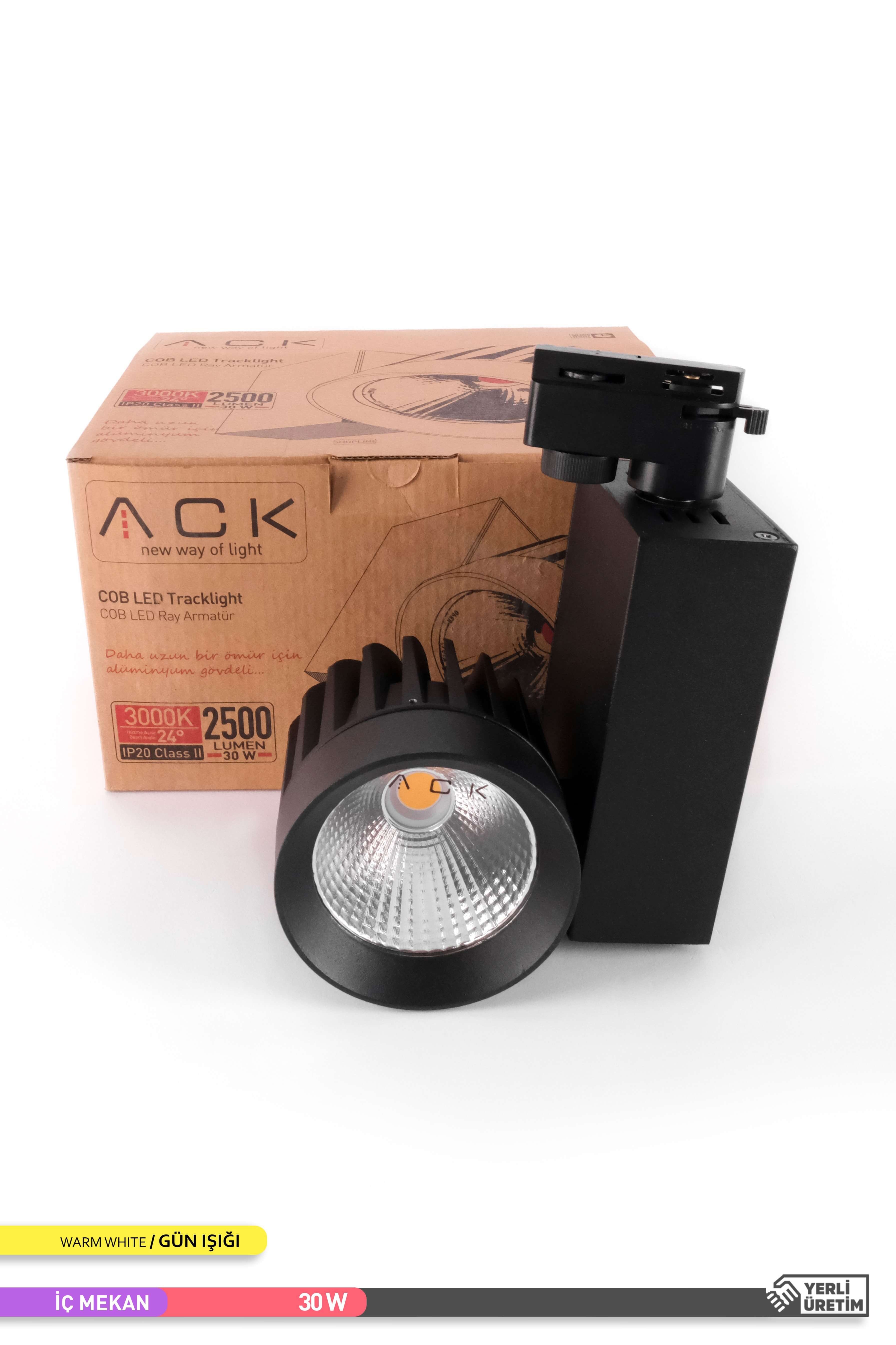 ACK COB LED Monofaze Ray Armatürü Siyah Kasa 3000K Gün Işığı 30W