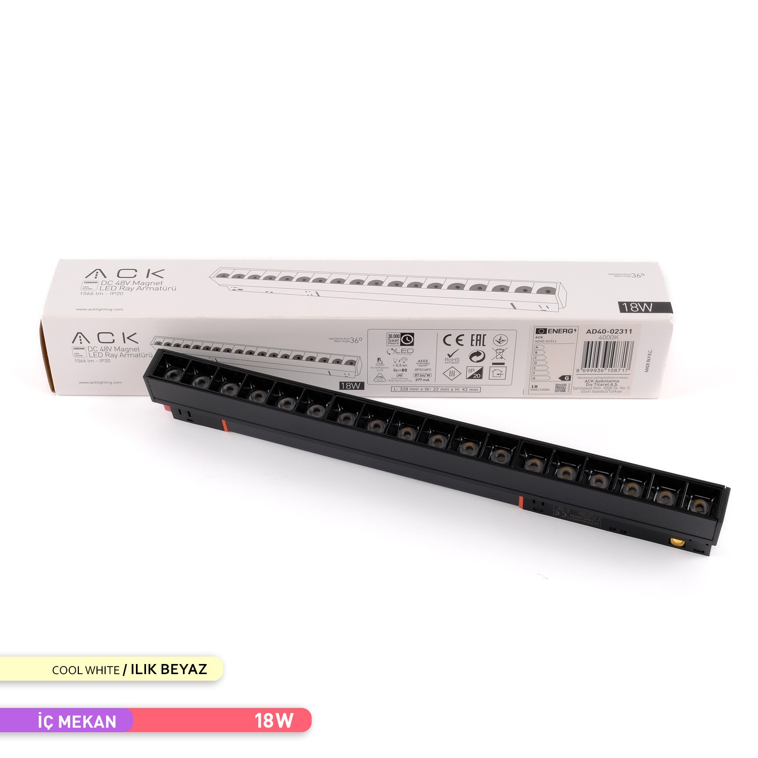 ACK 18W 48V Magnet Led Ray Armatür 4000K Ilık Beyaz AD40-02311