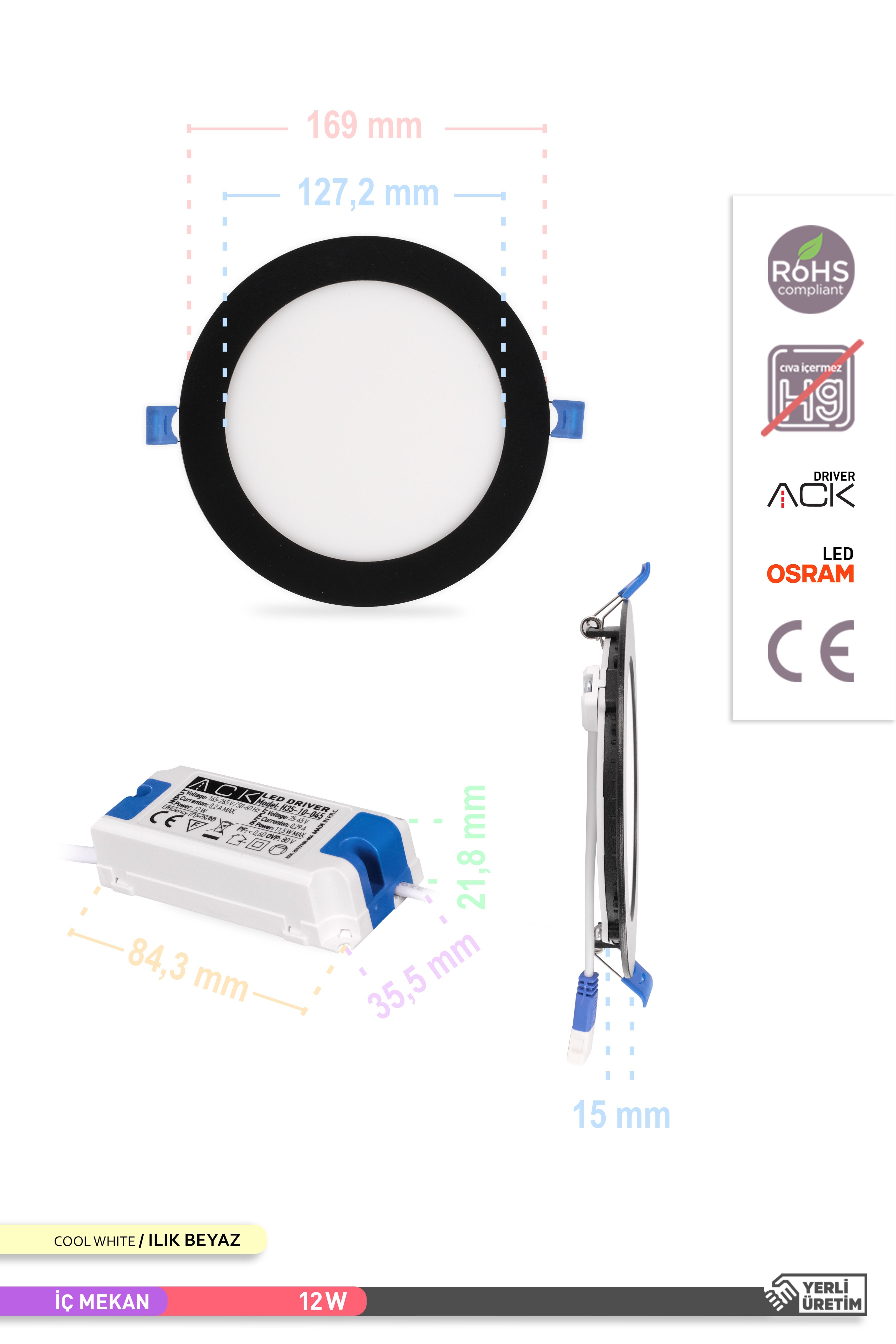 ACK 12W Sıva Altı Yuvarlak LED Panel Armatür Siyah Gövde 4000K Ilık Beyaz AP01-01211