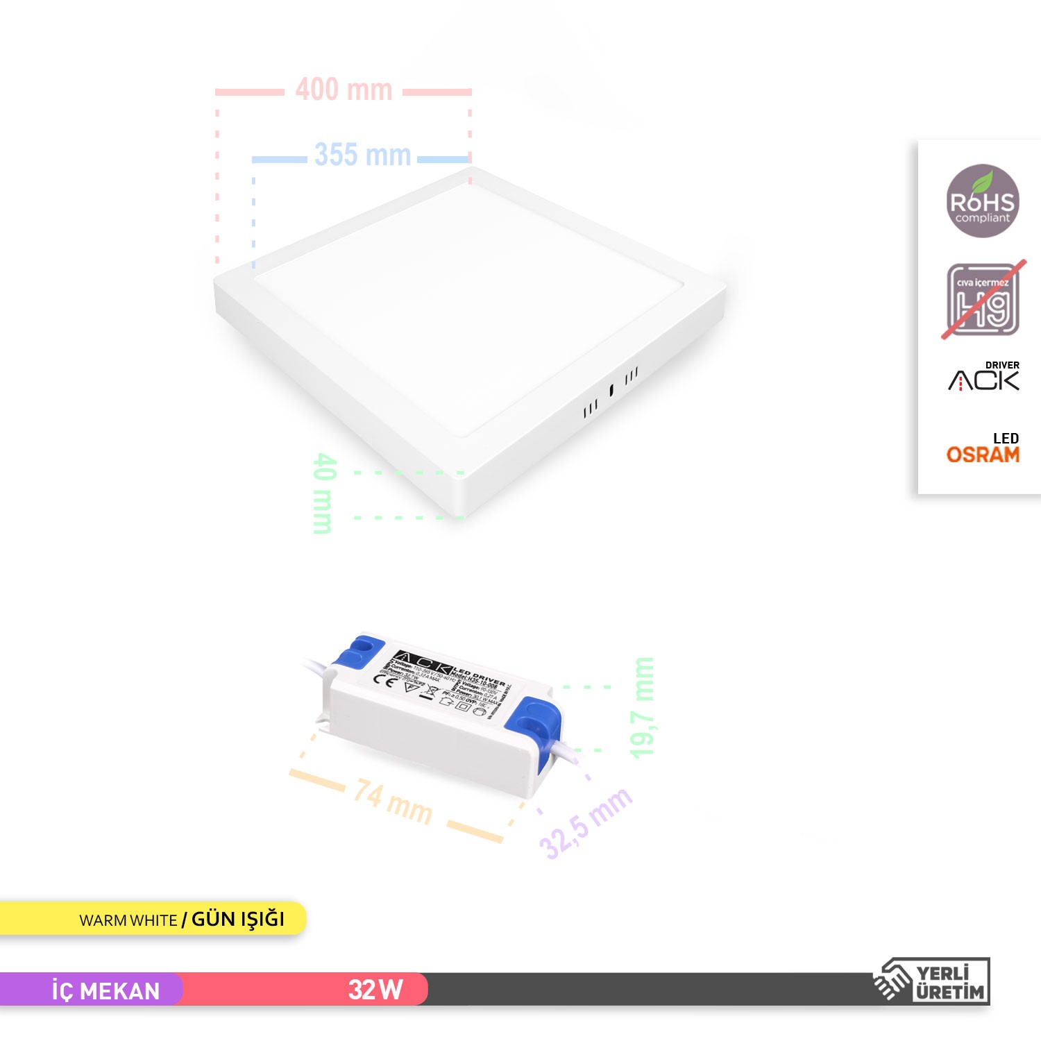 ACK 32W Sıva Üstü Kare LED Panel Armatür Beyaz Gövde 3000K Günışığı